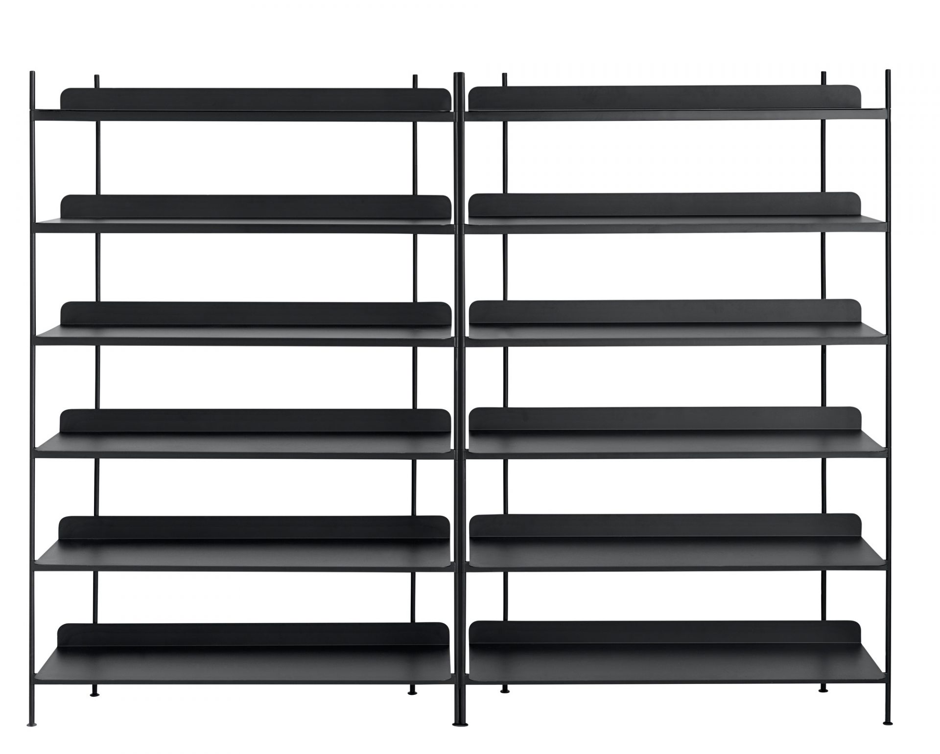 Schwarzes Muuto Compile Regalsystem mit mehreren Ebenen und minimalistischem Design für moderne Wohnräume.