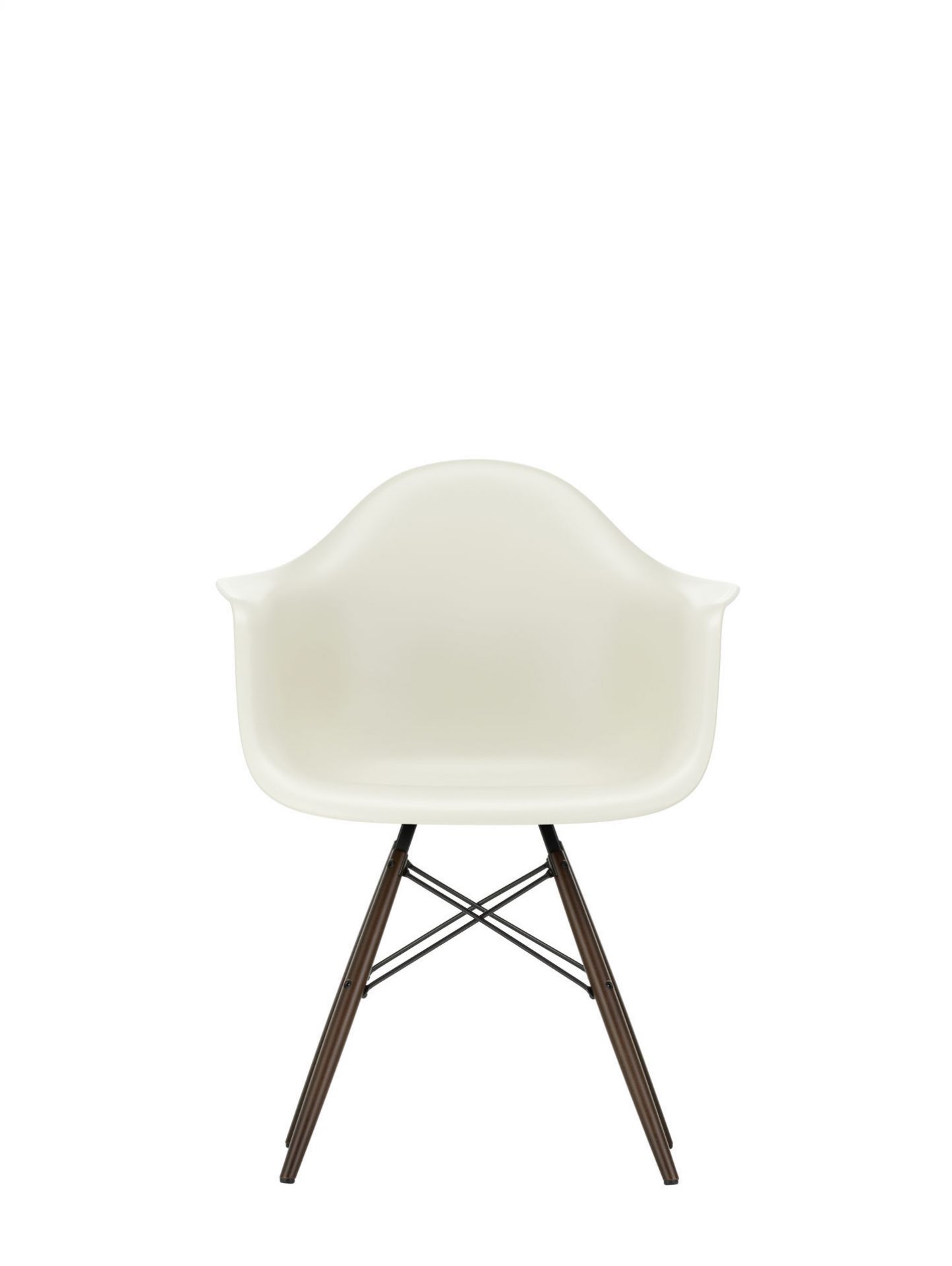 Vitra Eames Plastic Arm Chair DAW Stuhl in Gelblich / Cotton white mit Ahorn-Gestell.