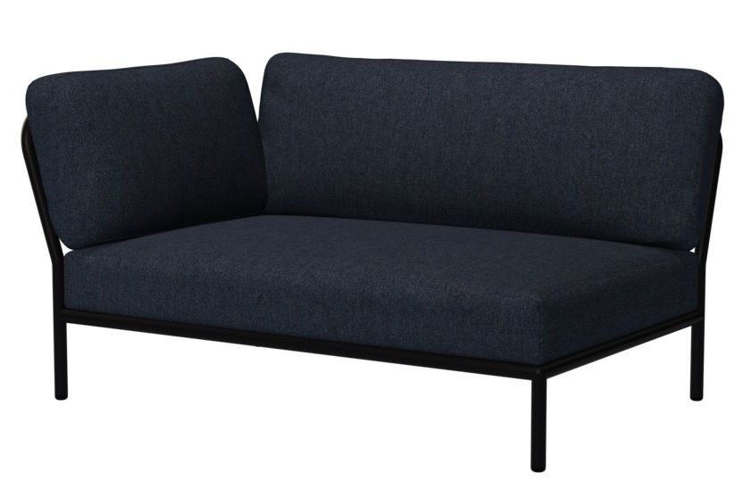 Houe Level Outdoor Sofa Ecke links, modernes Gartensofa mit blauem Stoffbezug und schwarzem Gestell.
