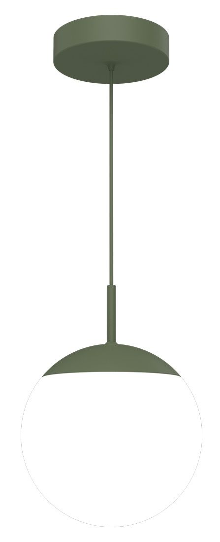 Mooon Pendelleuchte von Fermob, Durchmesser 25 cm, in Waldgrün mit weißem Opalglas-Diffusor.
