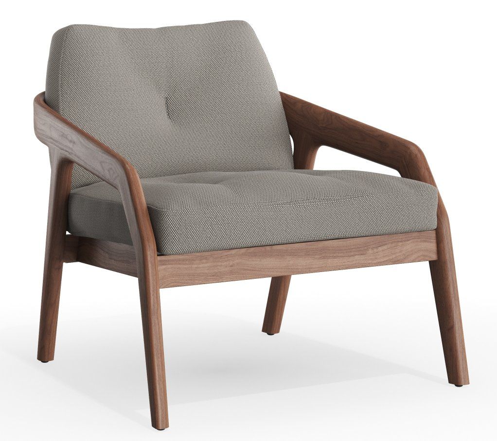 Friday 1 Sessel Zeitraum: Moderner Armlehnstuhl mit grauem Stoffbezug und dunklem Holzrahmen, ideal für Wohnzimmer.