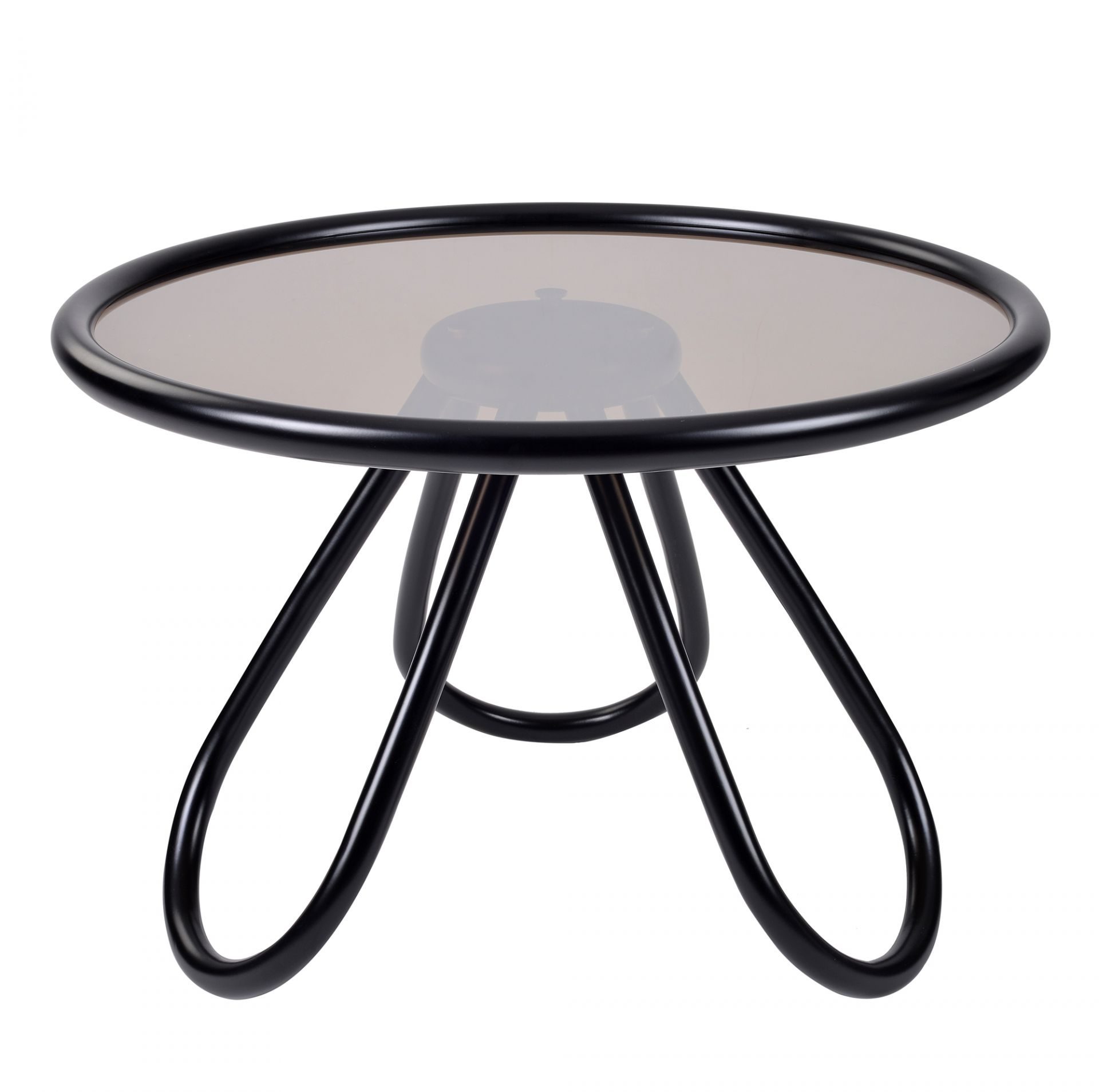 Schwarzer Arch Couchtisch von Wiener GTV Design mit runder Glasplatte und gebogenem Metallgestell.