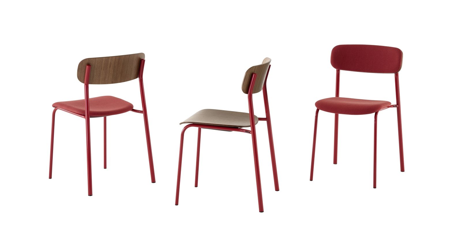 S 243 Stahlrohrstuhl in Olivgrün von Thonet, drei Ansichten des Designklassikers mit rotem Gestell.