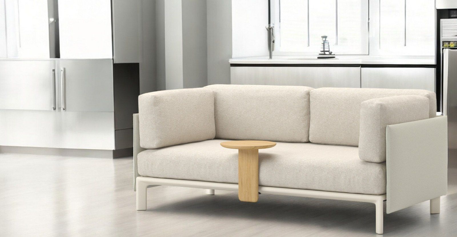 Helles Anagram 2-Sitzer Sofa von Vitra mit kleinem Holztisch im modernen Wohnzimmer.