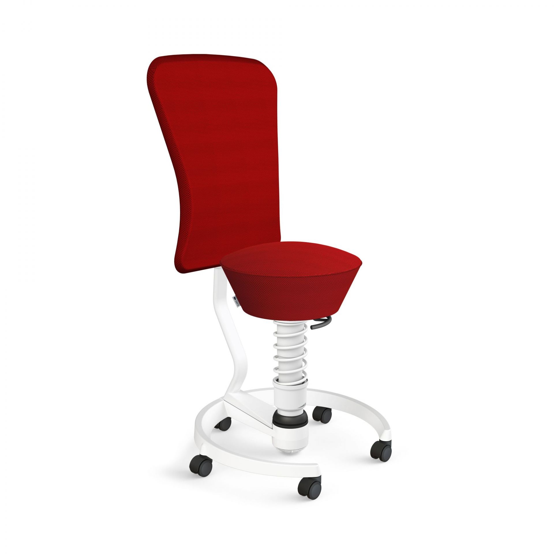 Roter Bürostuhl mit weißem Gestell, ergonomischem Design und Rollen für flexible Büroeinrichtung.
