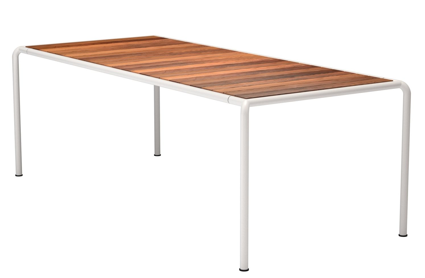 Avanti Esstisch von Houe für den Außenbereich mit Holzplatte und weißem Metallgestell.