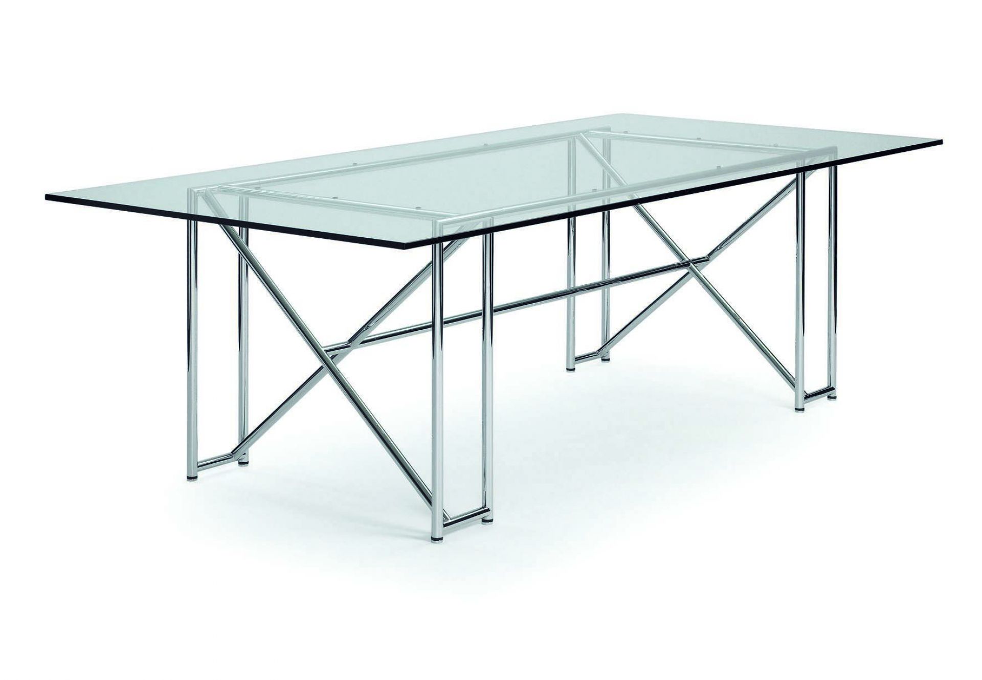 Double X Tisch von ClassiCon mit Glasplatte und verchromtem Stahlgestell. Moderner Esstisch.