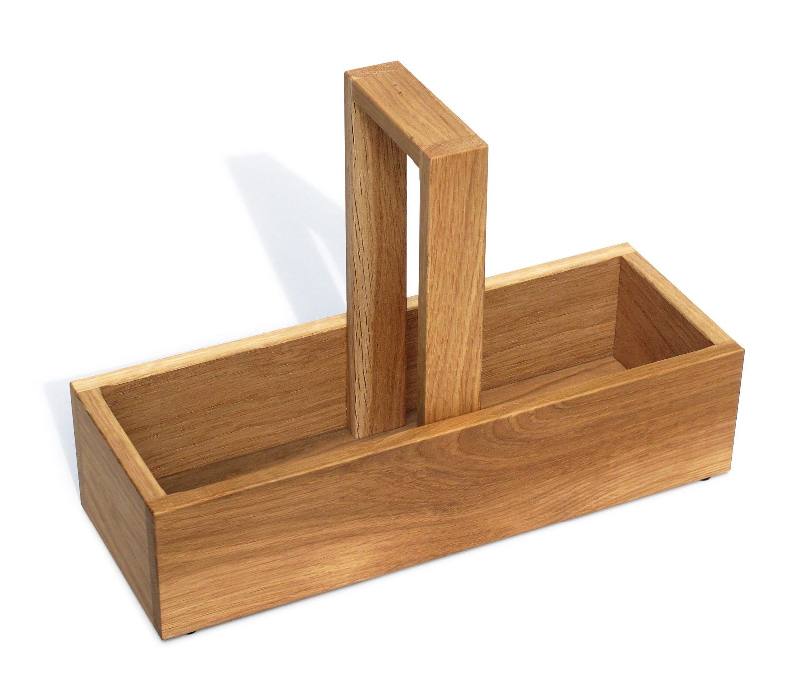 Side by Side Tischbox aus hellem Holz für Essig und Öl mit Tragegriff.