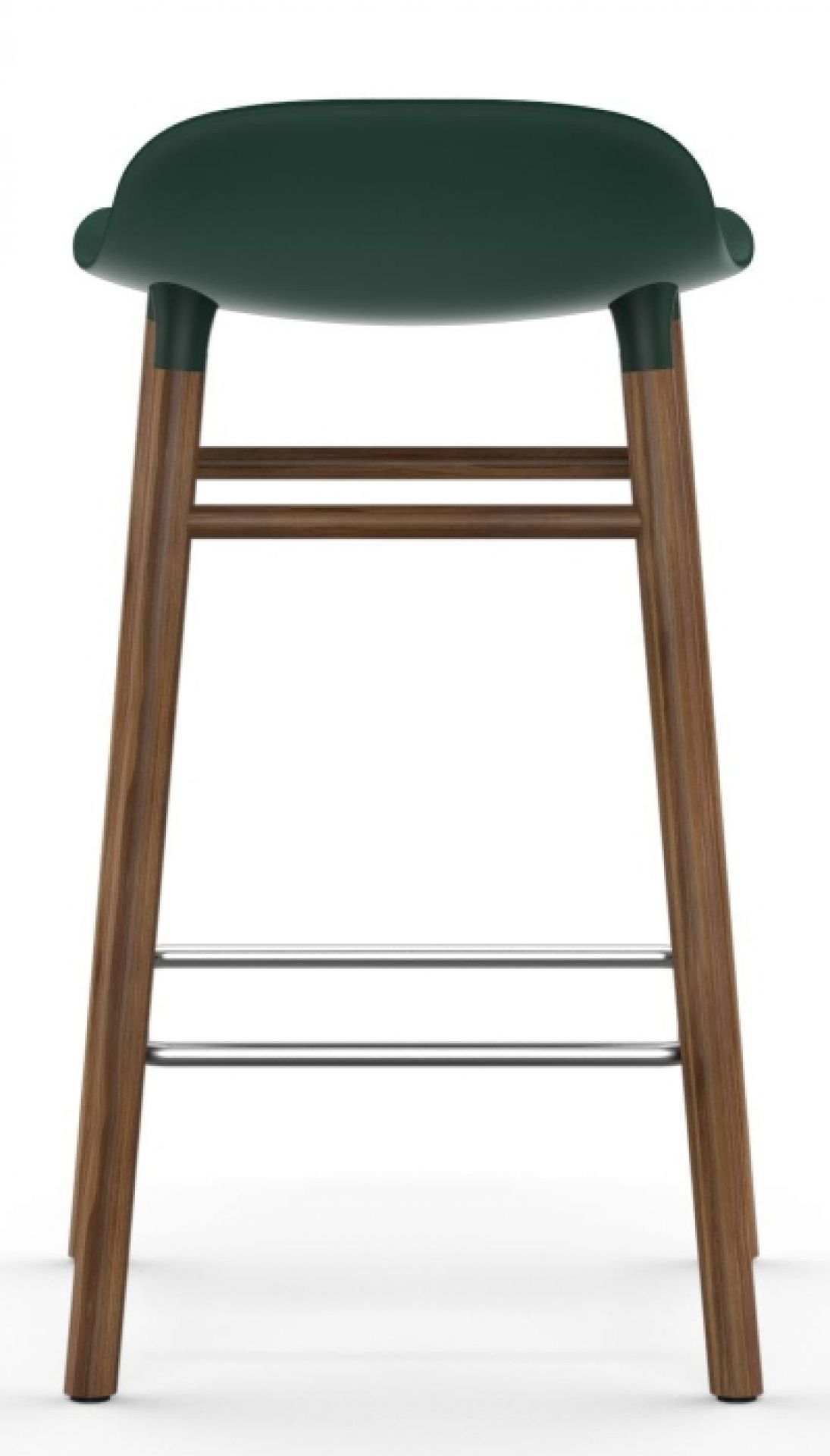 Form Barhocker von Normann Copenhagen, Hocker mit Holzbeinen und dunkelgrüner Sitzschale, Rückansicht.