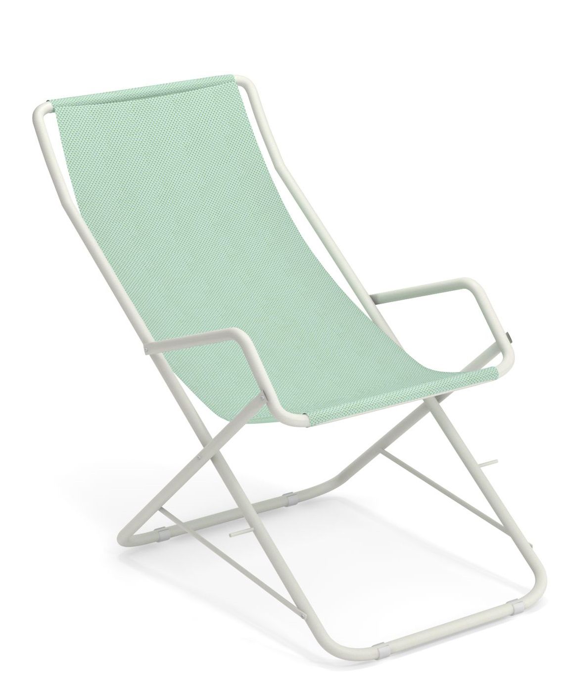 Bahama Liegestuhl von Emu, mintgrüne Outdoor-Sonnenliege mit Armlehnen und weißem Gestell, ideal für Garten und Terrasse.