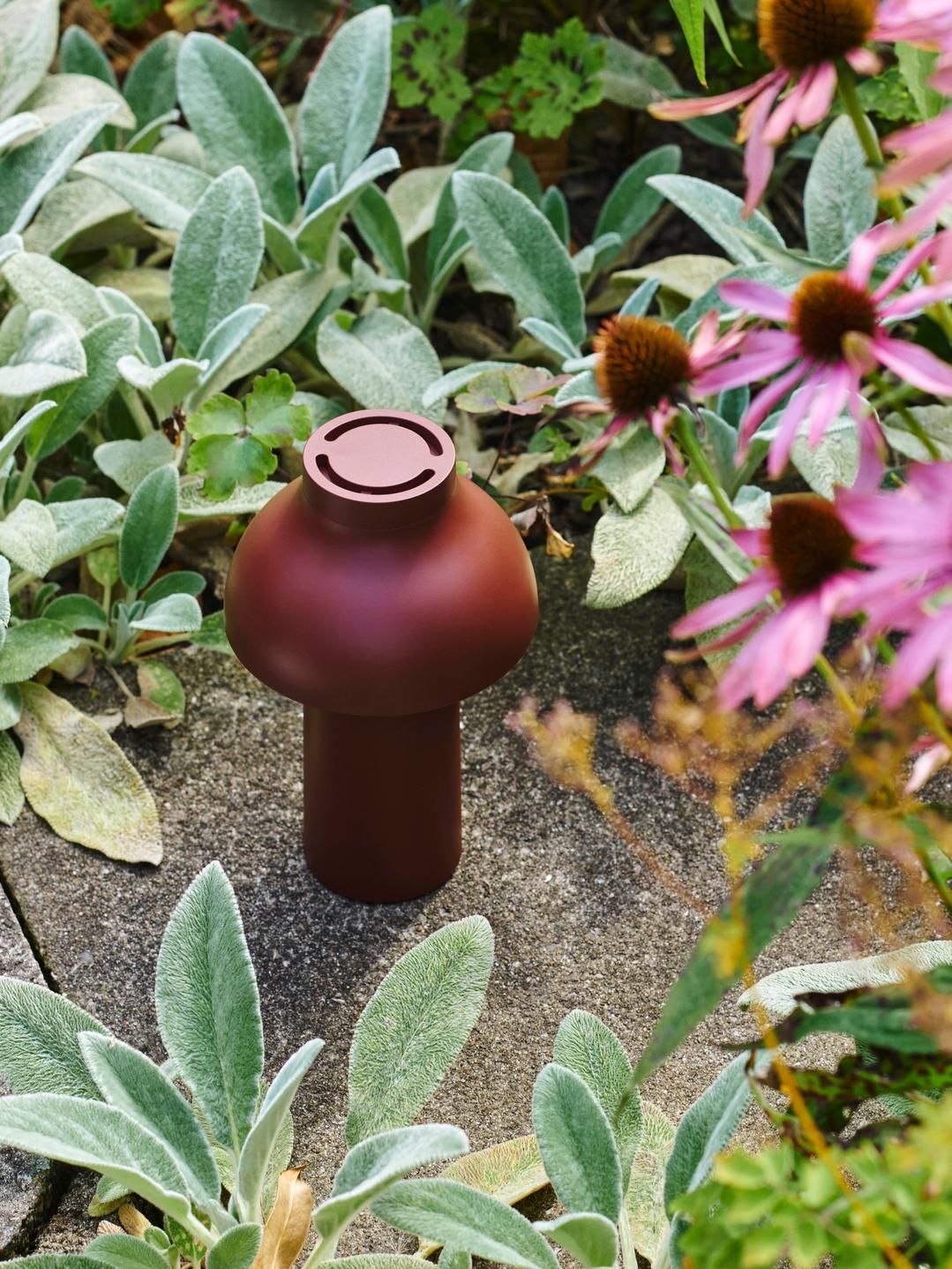 PC Portable Akkuleuchte von Hay, bordeauxrot, im Garten zwischen Pflanzen und Blumen auf Steinboden.
