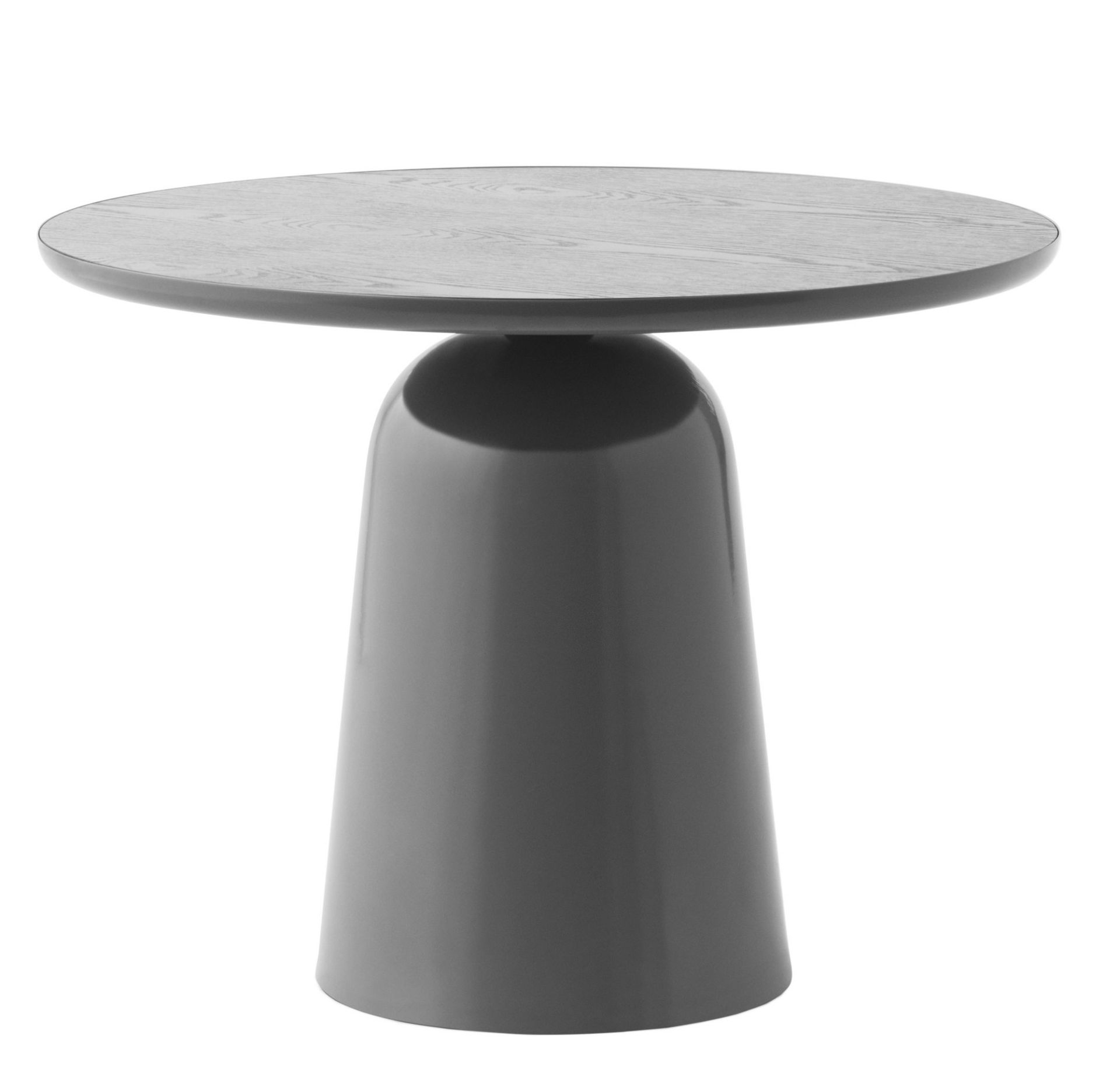 Grauer Normann Copenhagen Turn Table Tisch mit runder Tischplatte aus Holz und trompetenförmigem Fuß.