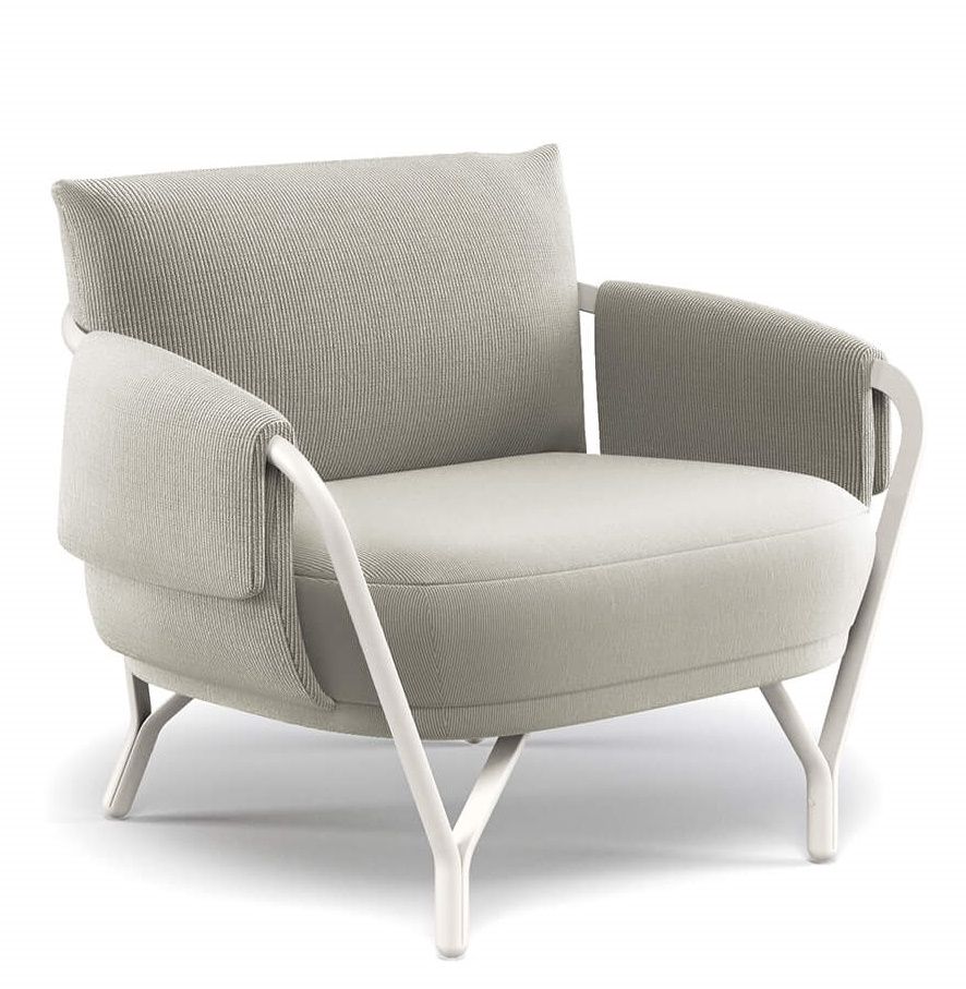 Angel Lounge Chair Sessel von Emu für den Außenbereich, hellgrauer Stoffbezug und weißes Gestell.