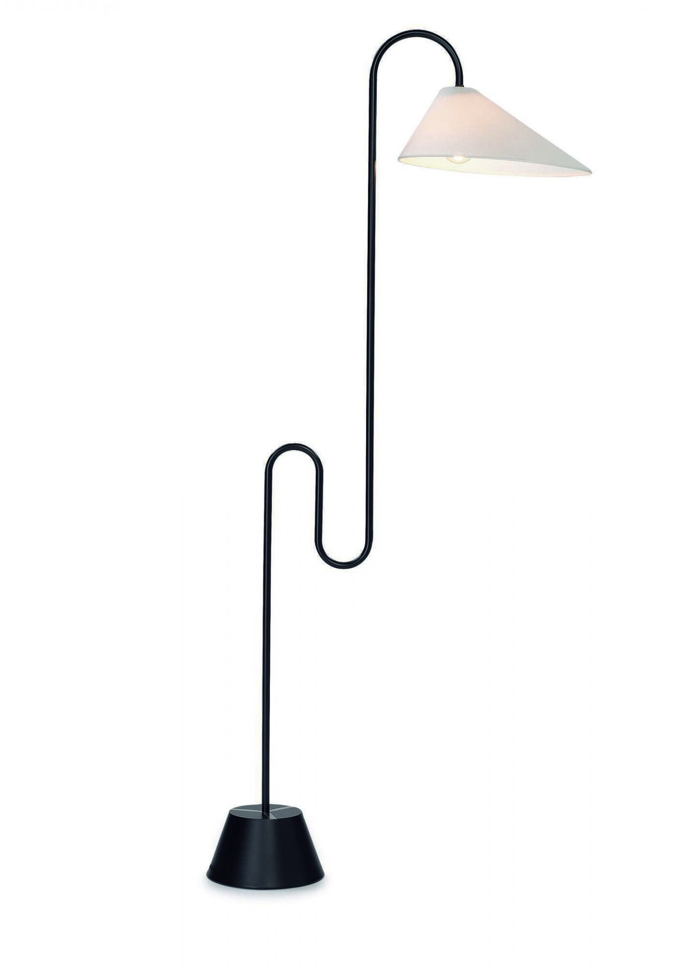 Roattino Stehleuchte von ClassiCon mit schwarzem Gestell und weißem Lampenschirm. Design Stehlampe.