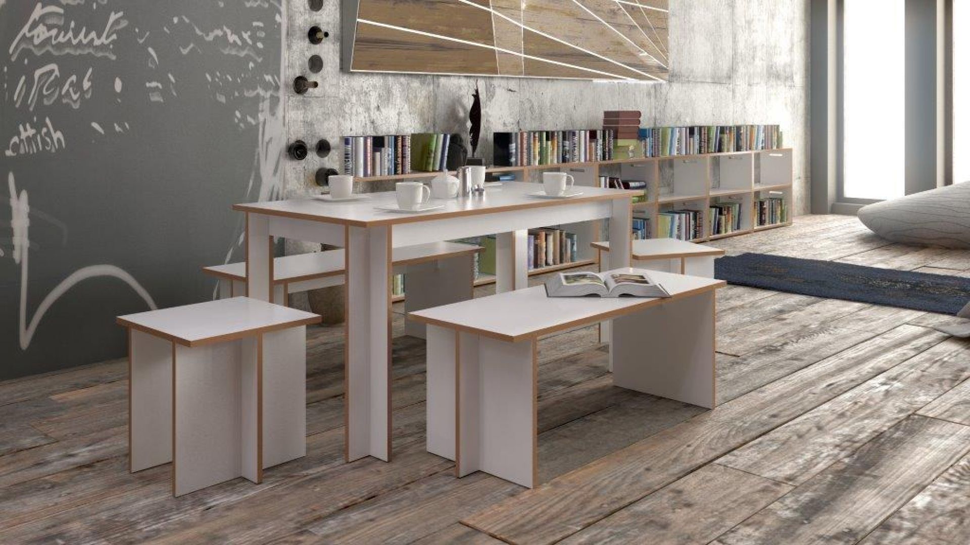Helle Tischgruppe mit Hocker und Bank Tojo, ideal für Esszimmer oder Küche, modernes Design.