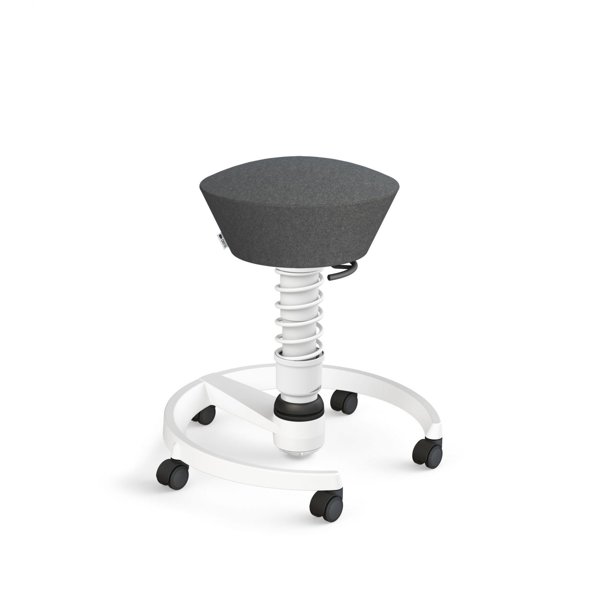 Grauer Bürohocker mit Rollen, Stehhilfe mit Federung und weißem Fußkreuz für ergonomisches Sitzen.