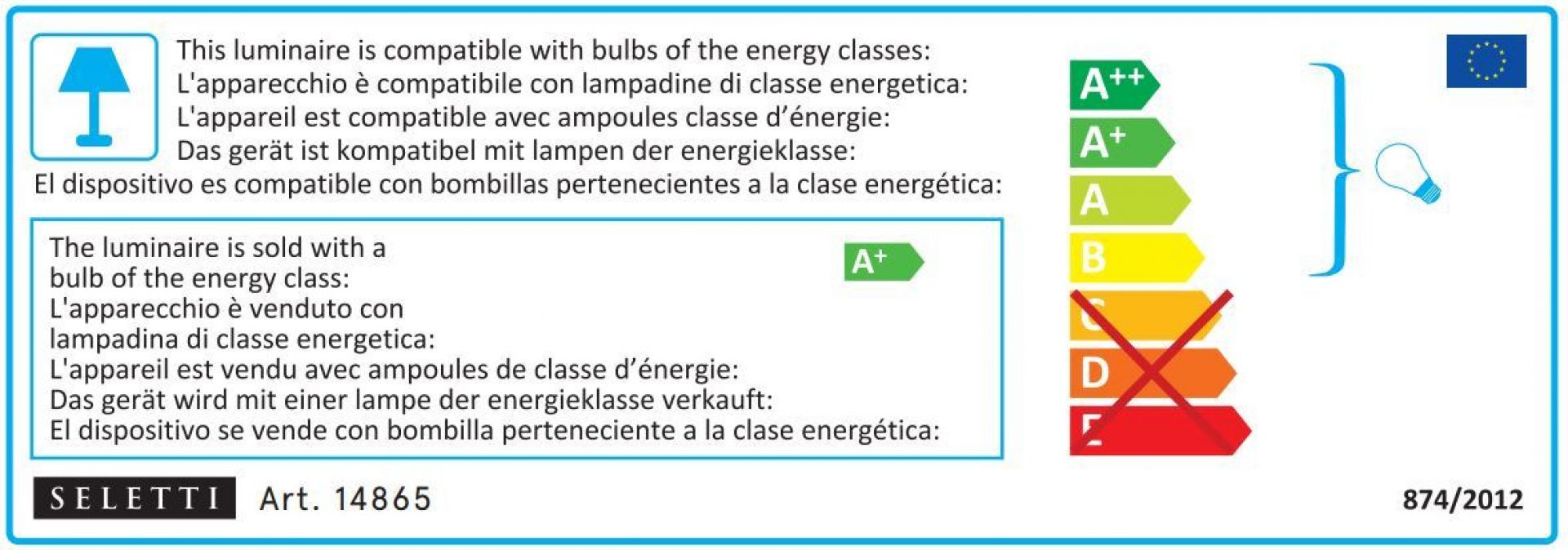 Energieeffizienzlabel für Seletti Leuchte, kompatible Lampenklassen und mitgelieferte Lampe der Klasse A+.