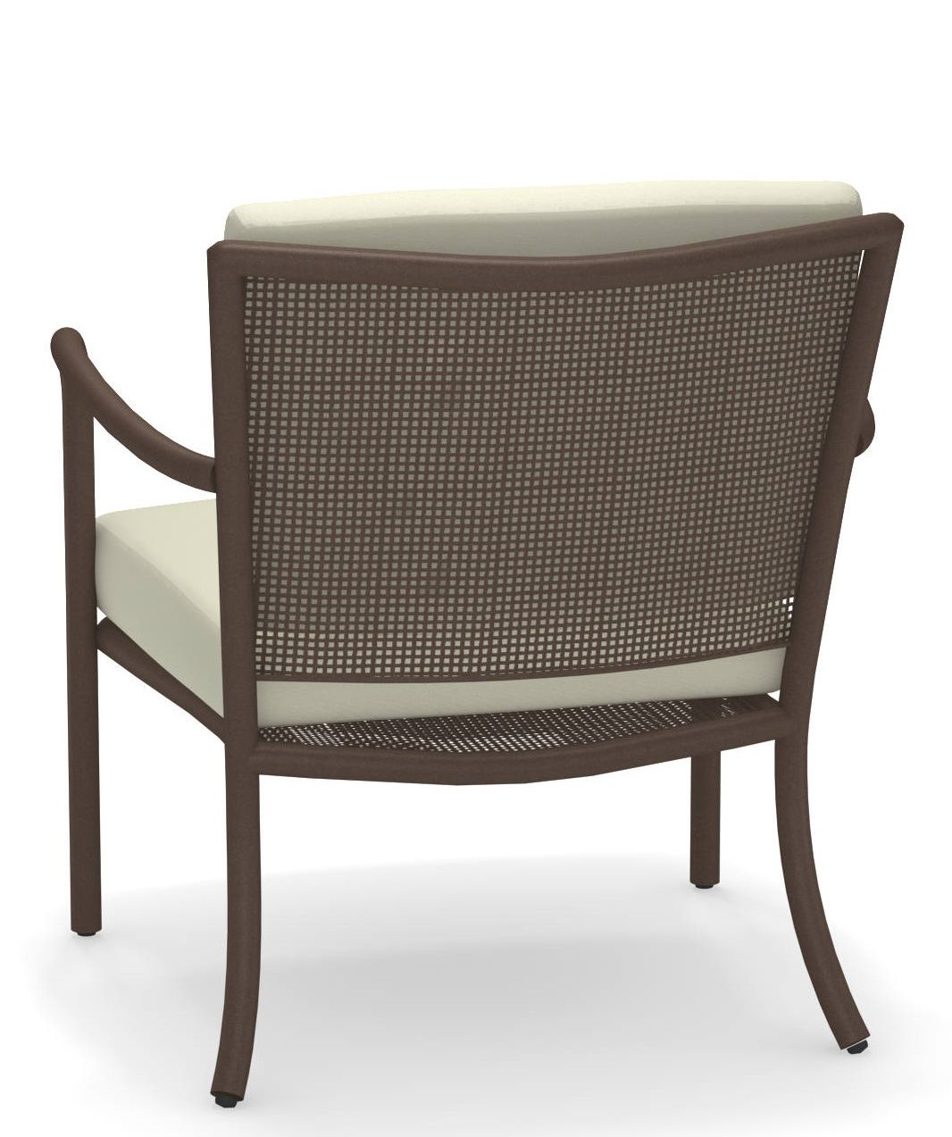 Athena Lounge Chair Sessel Outdoor Emu, braunes Metallgestell mit cremefarbenen Kissen, Rückansicht.