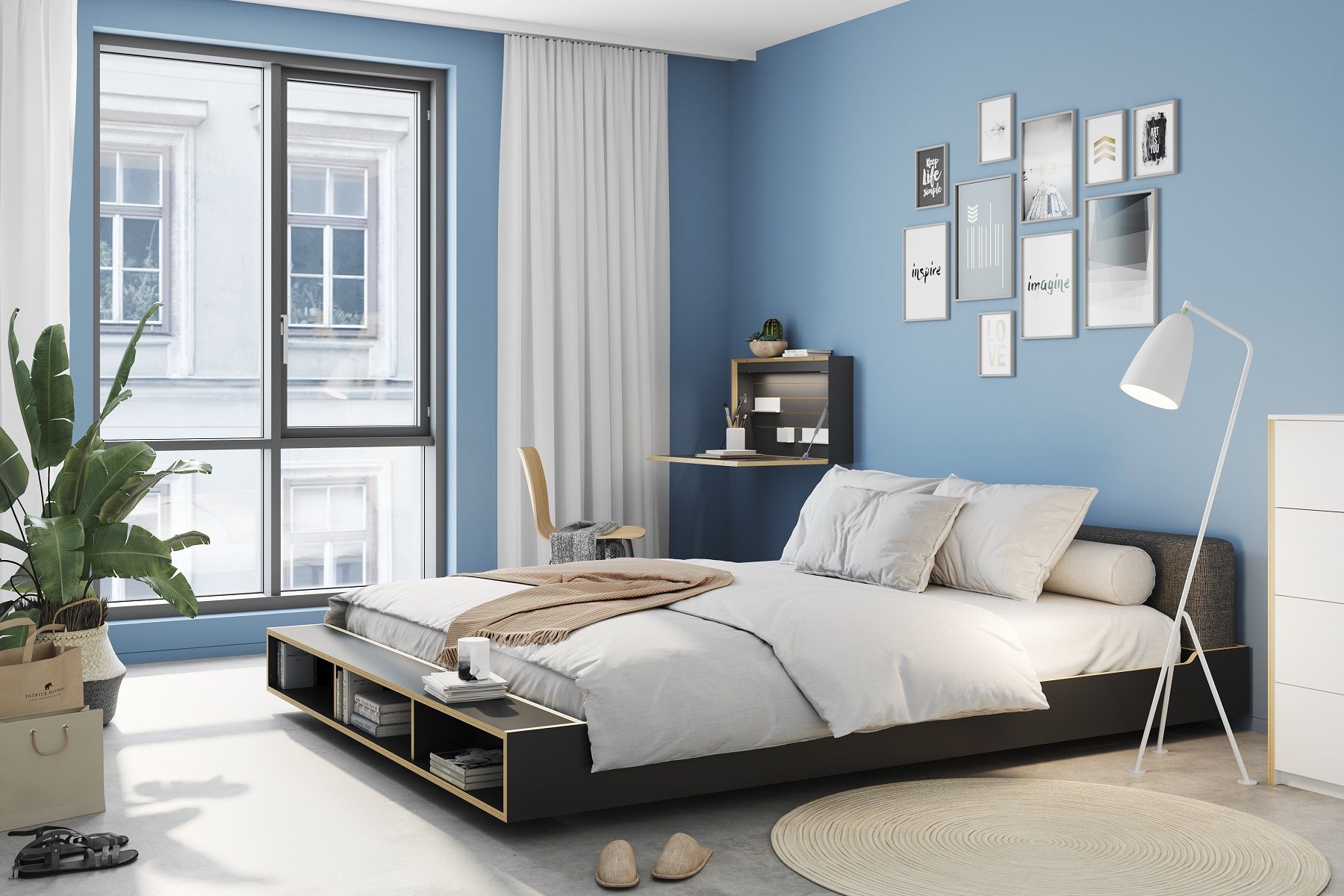 Modernes Schlafzimmer mit Flatbox Sekretär von Müller Möbelwerkstätten in Schwarz und Holzoptik.