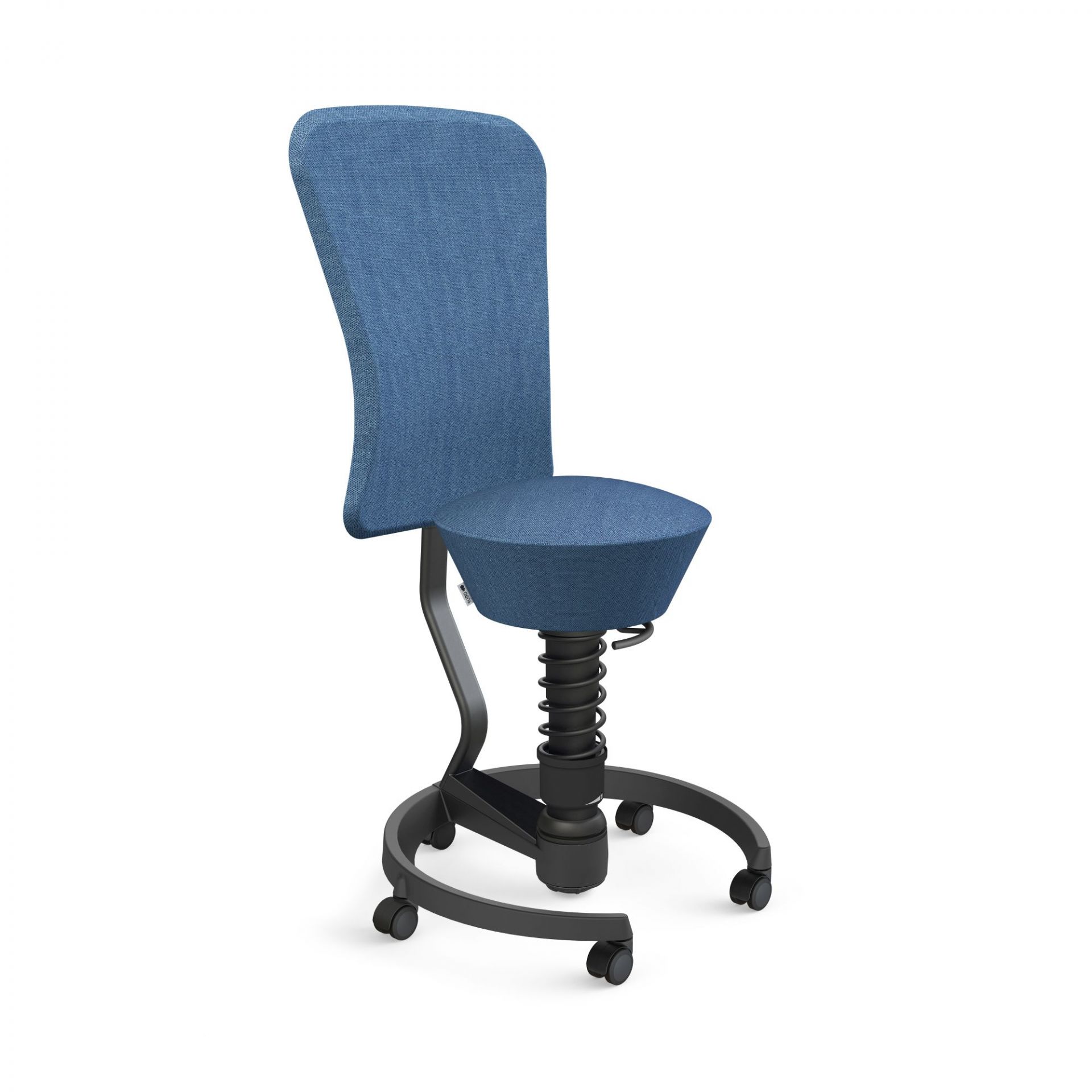 Blauer Swopper Bürostuhl mit Rückenlehne, dynamisches Sitzen und ergonomisches Design für gesundes Arbeiten.