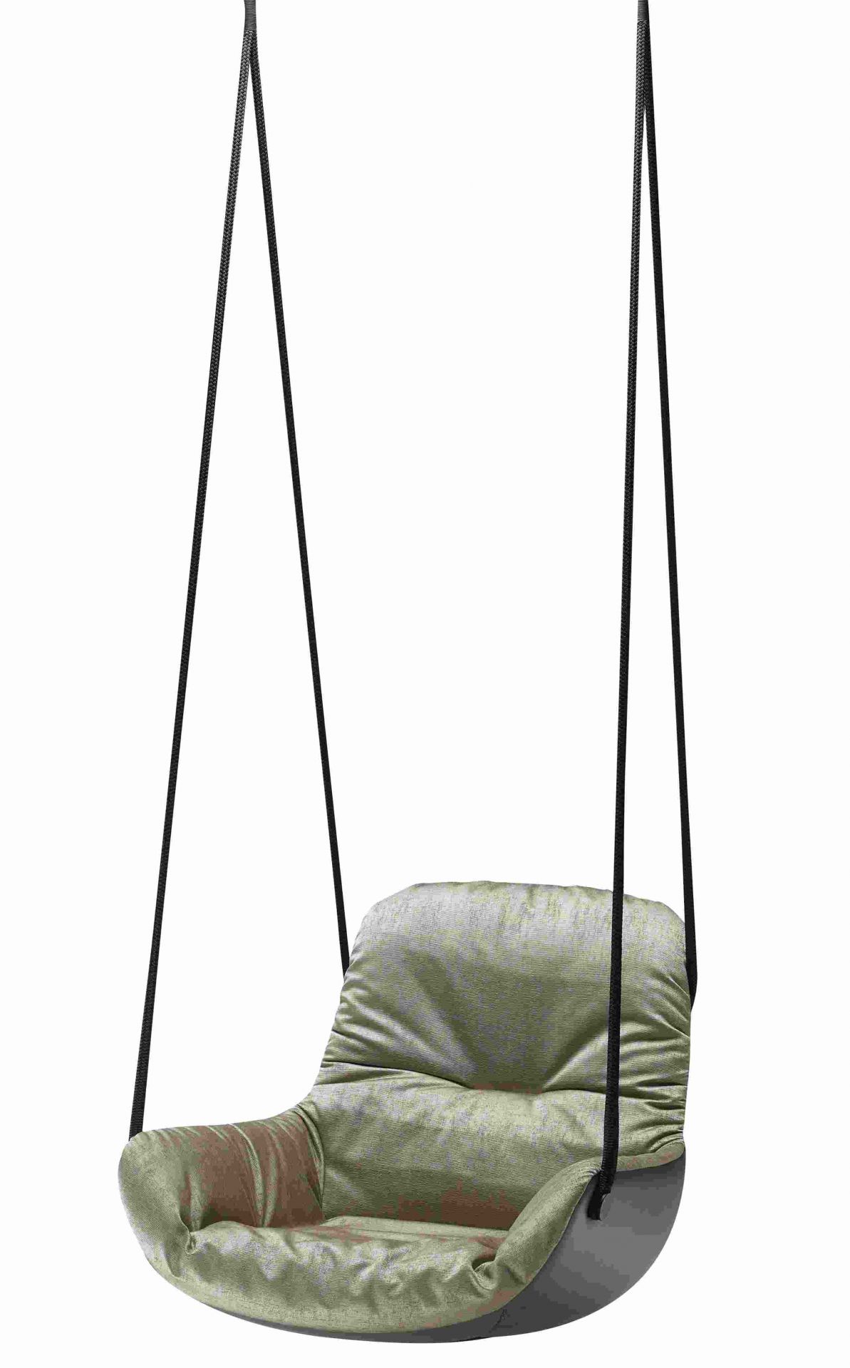 Leya Swing Seat von Freifrau Manufaktur: Hängesessel in Grün mit schwarzen Seilen, modernes Möbeldesign.