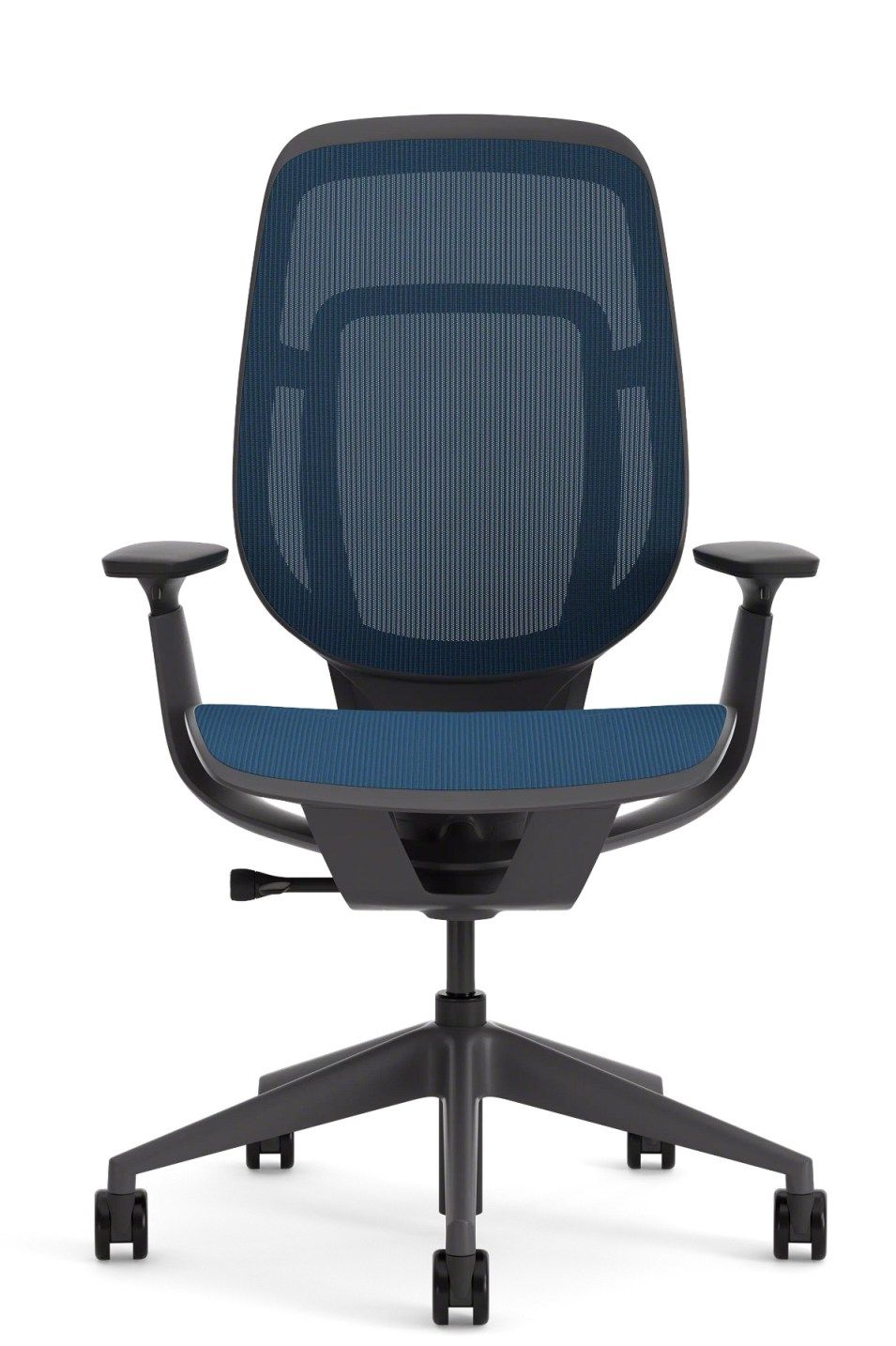 Steelcase Karman Bürodrehstuhl mit blauer Netzrückenlehne und verstellbaren Armlehnen, ergonomischer Bürostuhl für komfortables Sitzen.