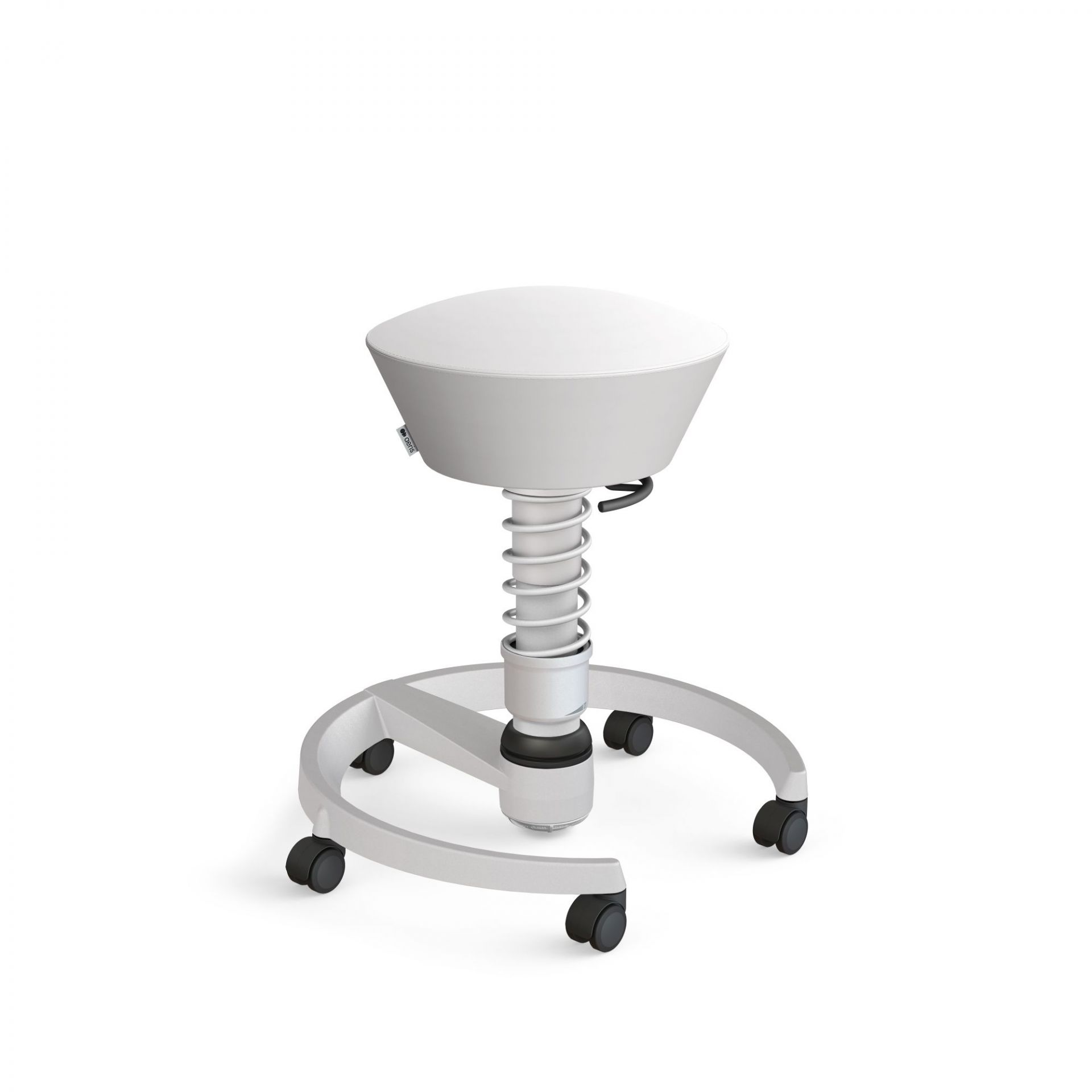 Weißer Bürohocker Swopper von Aeris mit Federung und Rollen für ergonomisches Sitzen.