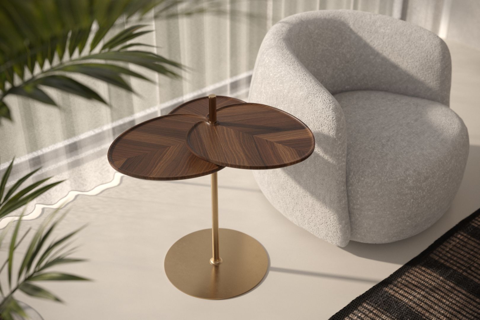 Leaf 3 Side Table Beistelltisch PER/USE aus Holz und Metall neben einem Sessel.