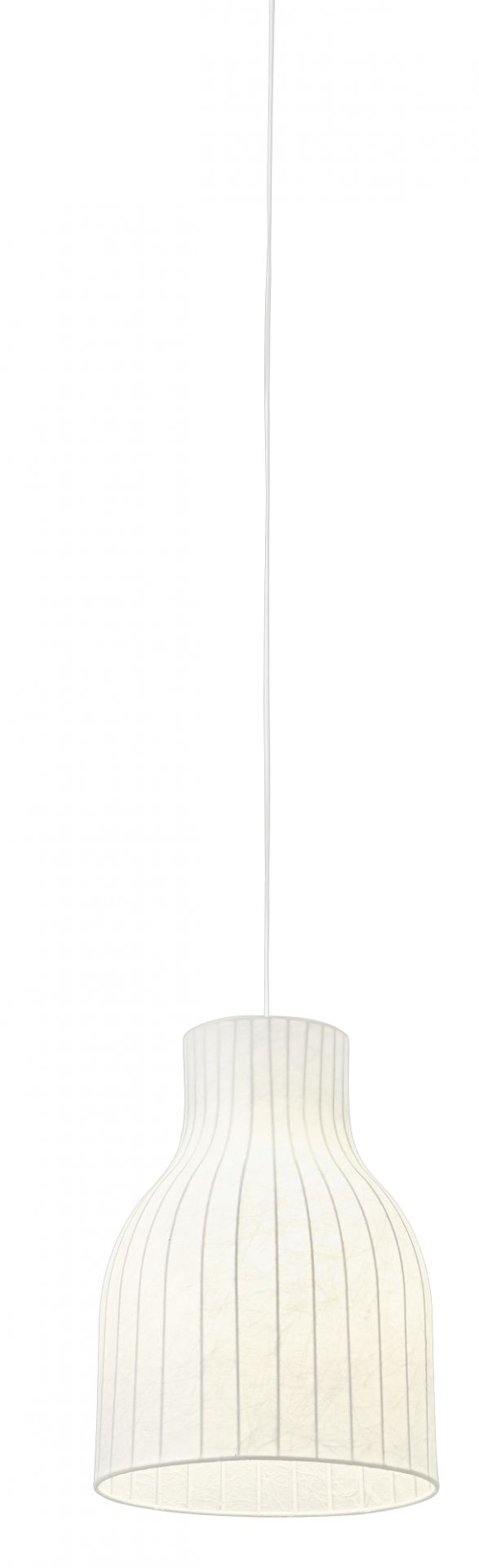 Weiße Muuto Strand Pendelleuchte mit geripptem Lampenschirm für moderne Innenbeleuchtung.