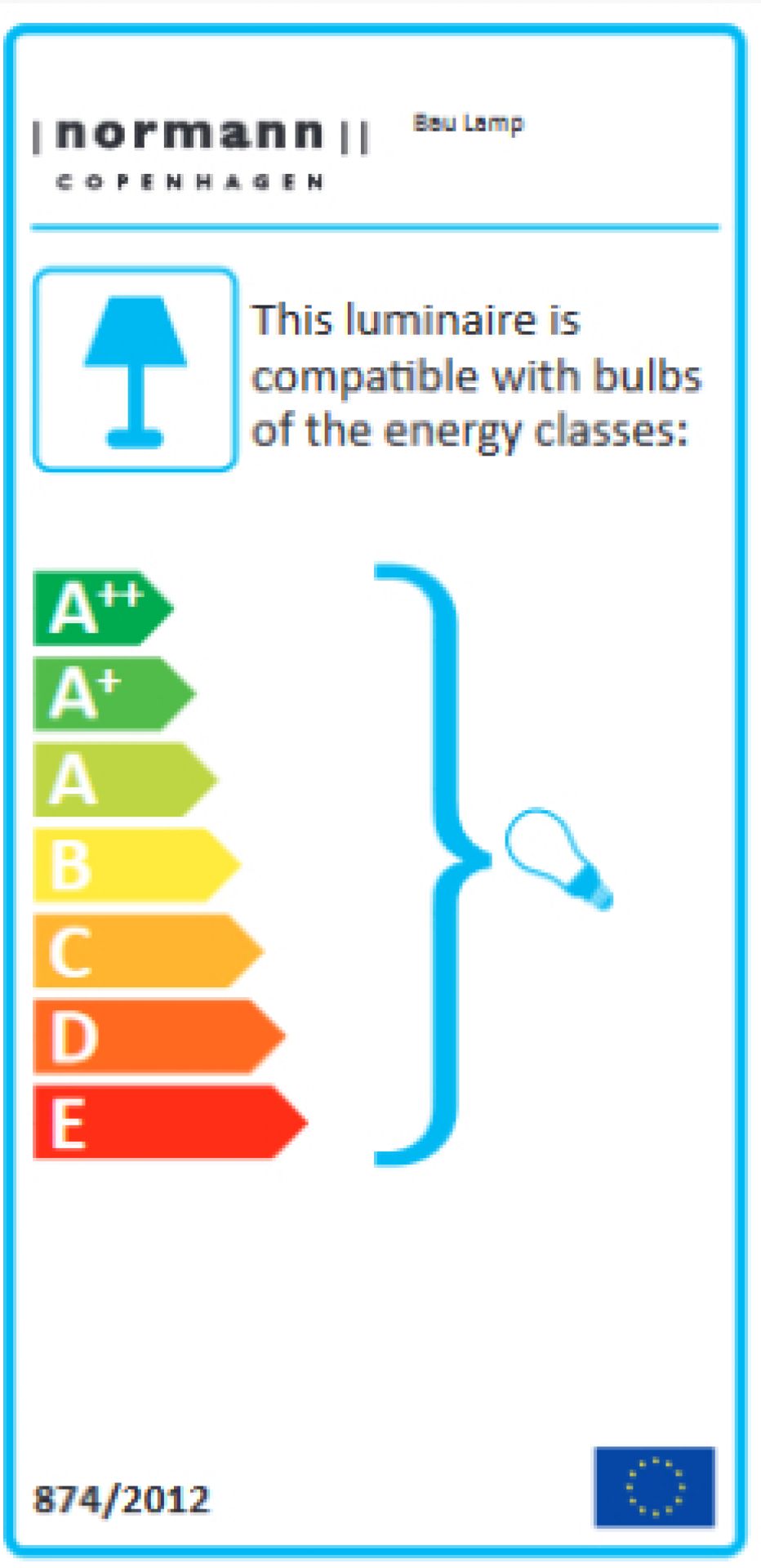 Energieeffizienzlabel der Normann Copenhagen Bau Lamp Pendelleuchte, kompatibel mit Leuchtmitteln der Energieklassen A++ bis E.