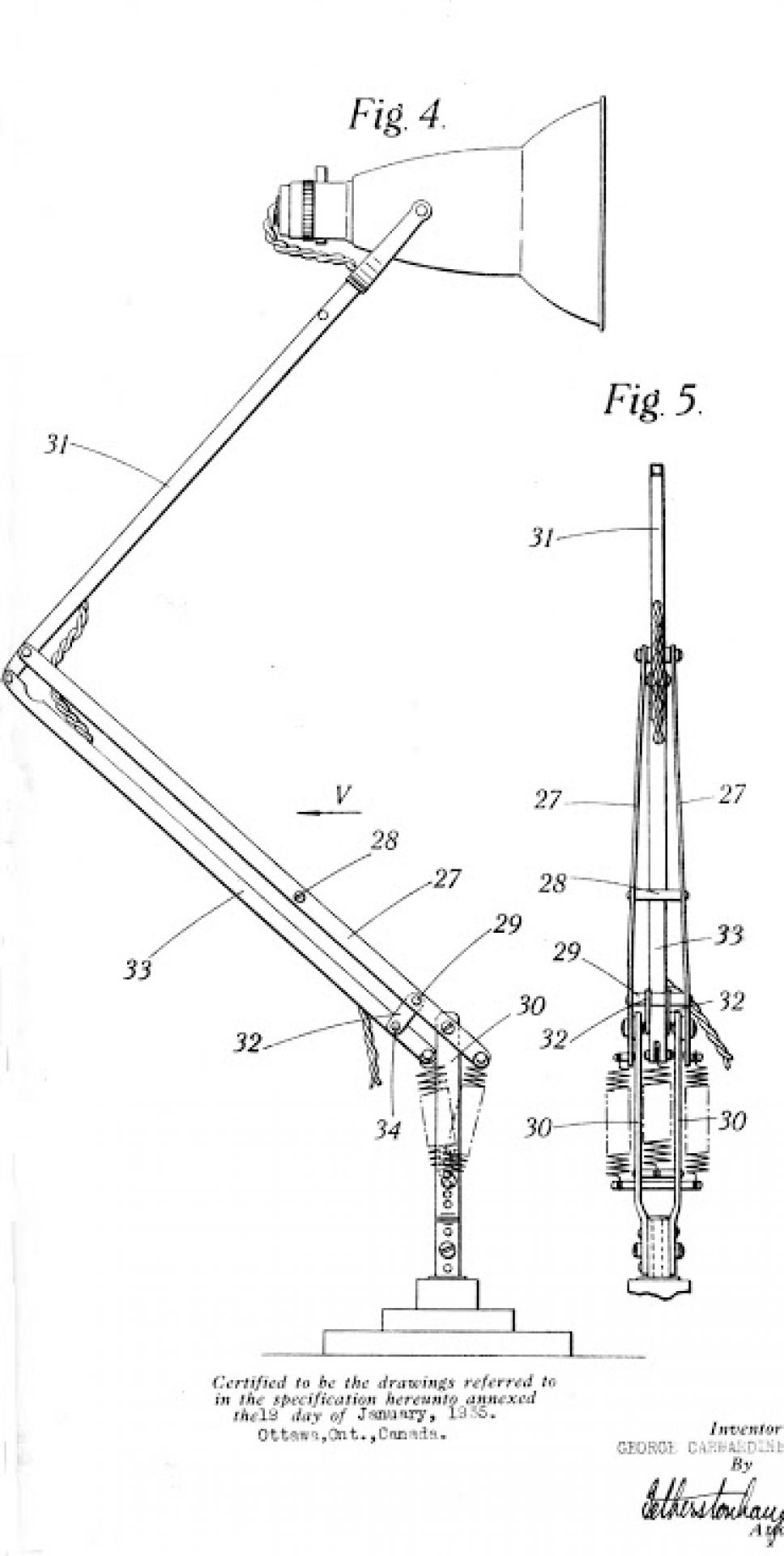 Technische Zeichnung einer verstellbaren Schreibtischlampe mit Gelenkarmen und kegelförmigem Lampenschirm, Patentzeichnung für Architektenlampe.