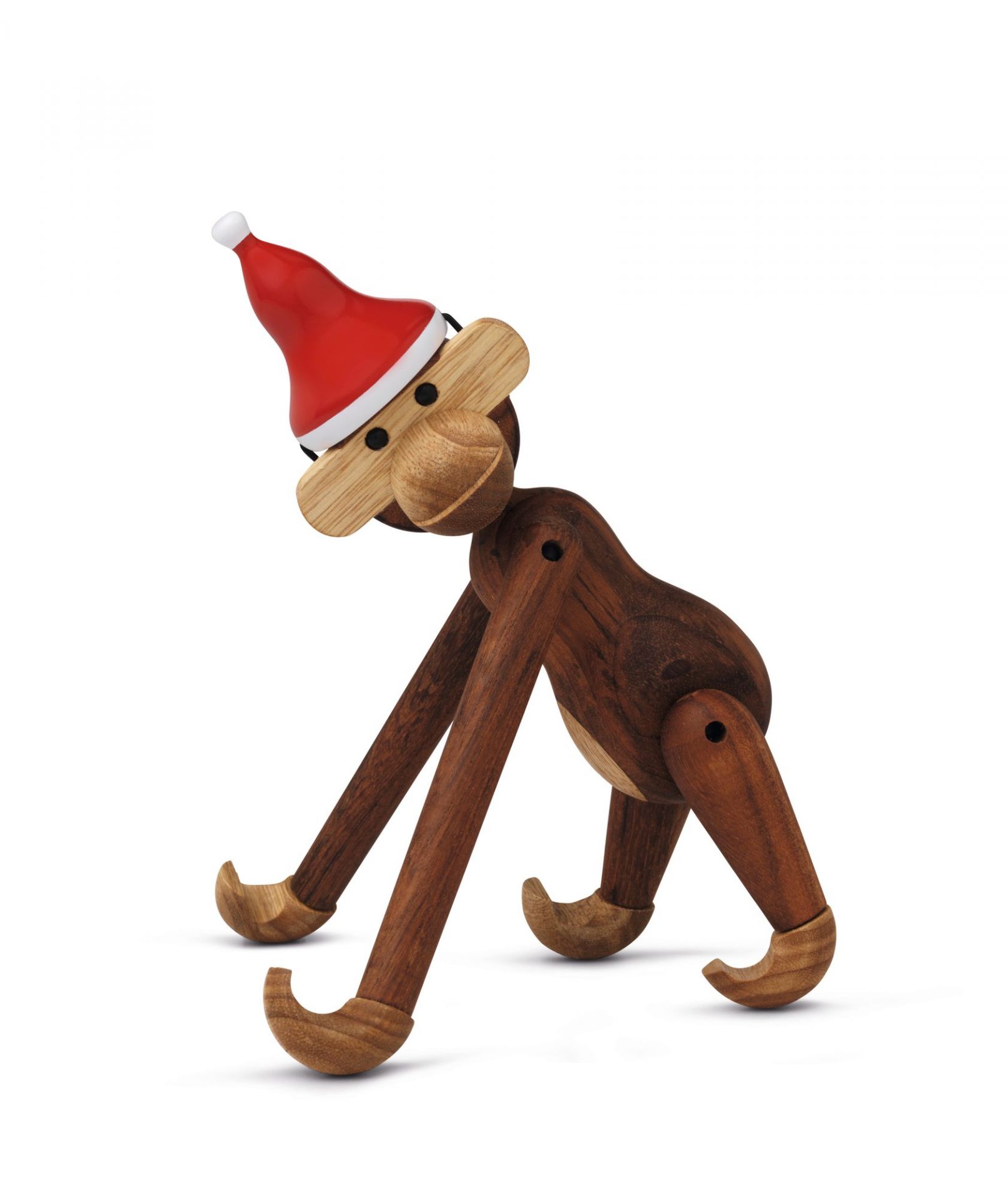 Kay Bojesen Affe klein aus Holz mit roter Weihnachtsmütze für festliche Dekoration.