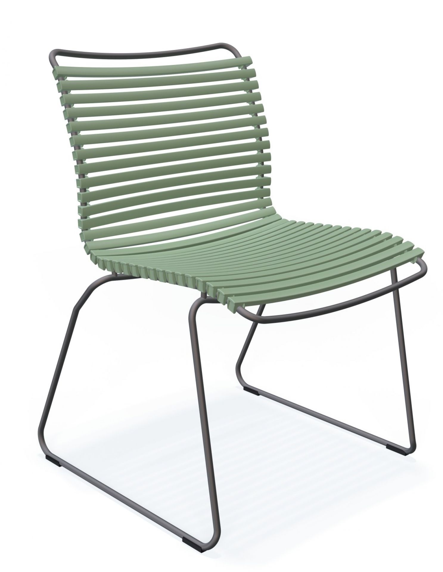 Click Dining Stuhl ohne Armlehne von Houe, Outdoor-Stuhl mit Latten in Grün und dunklem Metallgestell.