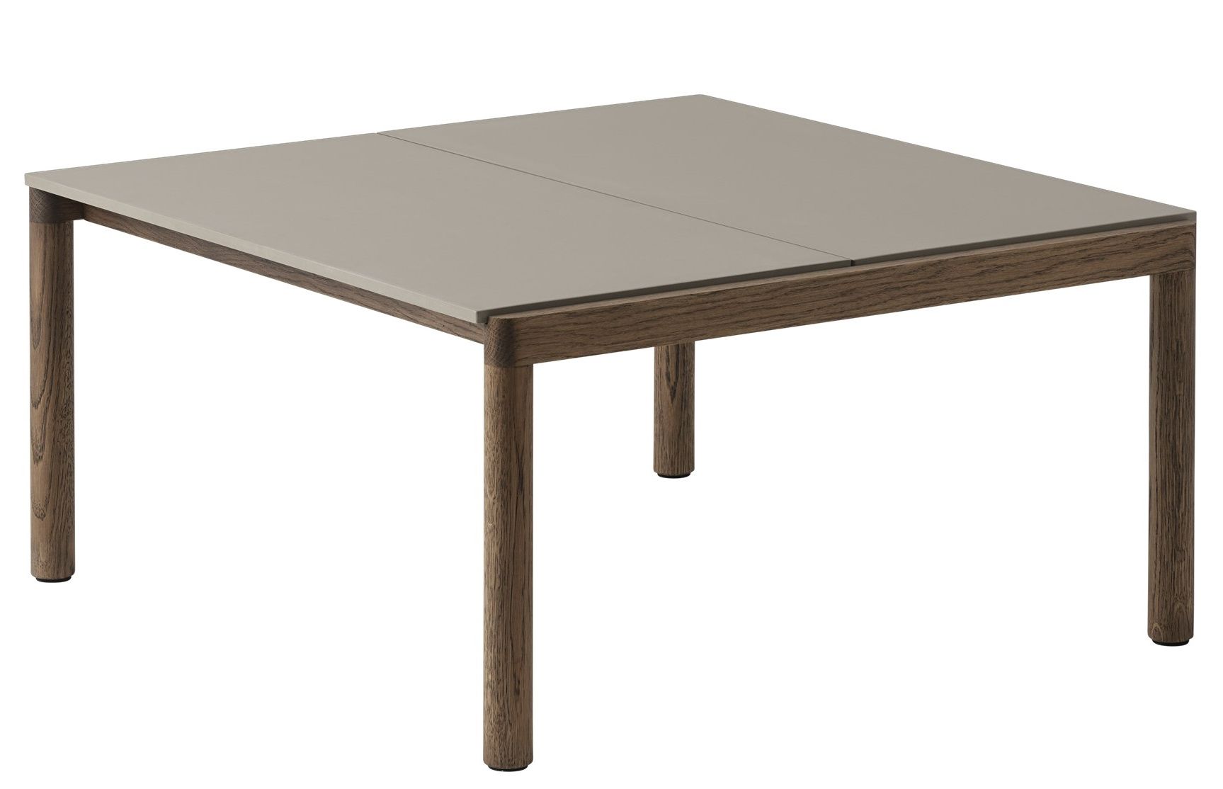 Muuto Couple Coffee Table: Quadratischer Couchtisch mit grauer Tischplatte und dunklem Holzgestell für Wohnzimmer.