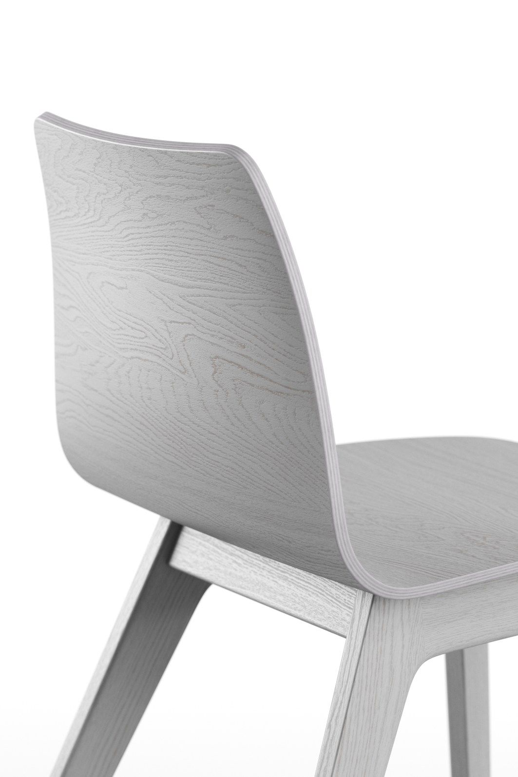 Detailaufnahme des Morph Plus Holzstuhls von Zeitraum, hellgraues Holz, modernes Design für Esszimmer und Wohnbereich.
