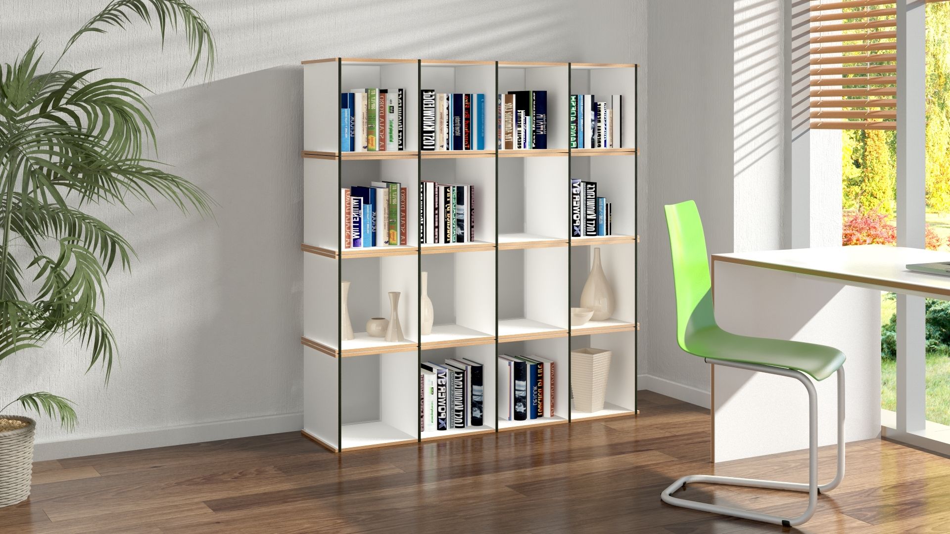 Tojo Regal, Aktenpack Modul: Weißes Bücherregal mit Fächern, gefüllt mit Büchern und Dekoration.