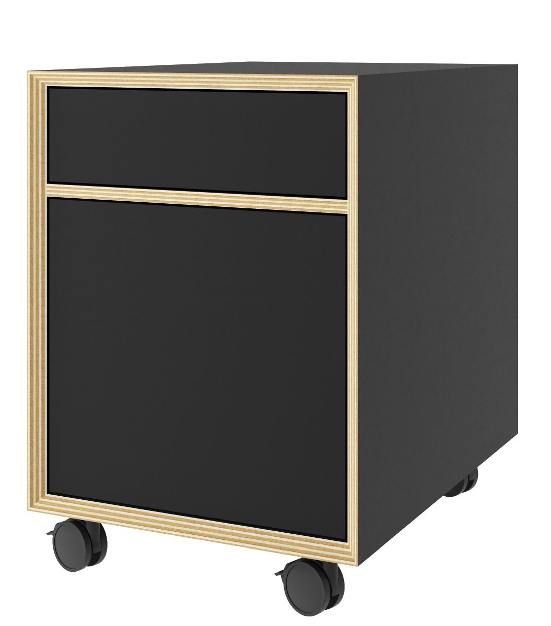 Schwarzer Bridge Rollcontainer von Müller Möbelwerkstätten mit zwei Schubladen und Rollen für das Büro.