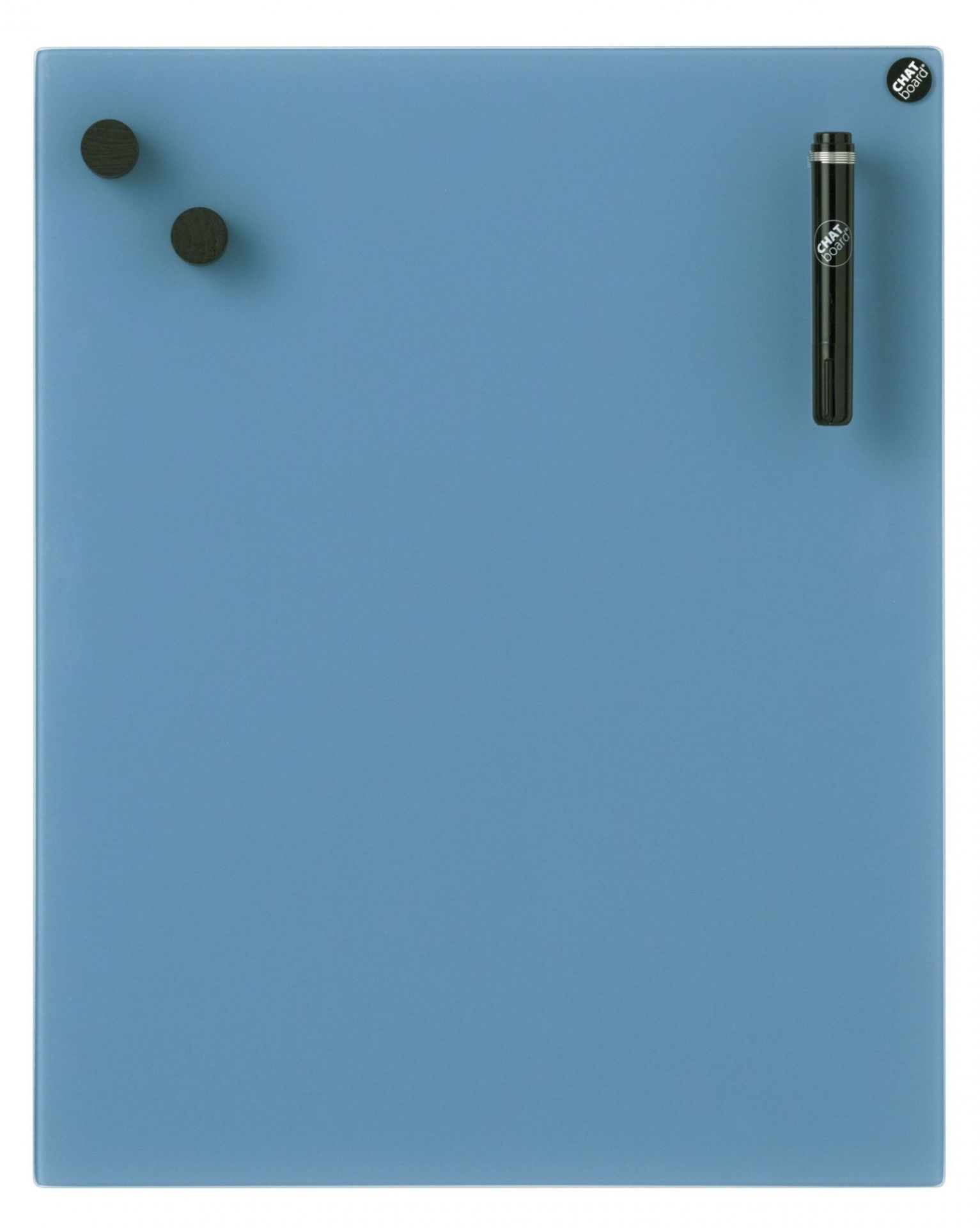 Blaue Chat Board Classic Glastafel für die Wand mit Magneten und Stift.