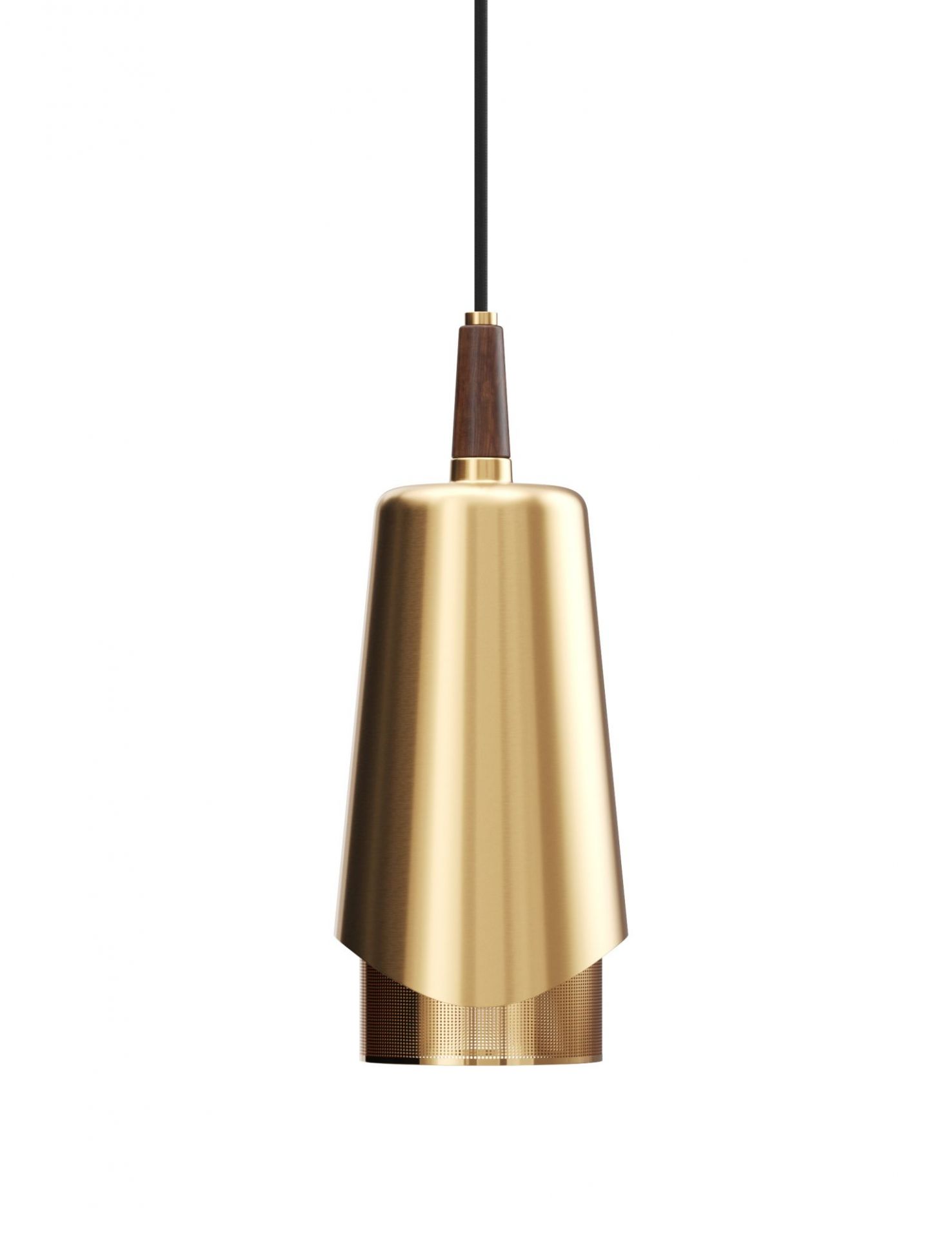 Audo Umanoff Hängeleuchte aus gebürstetem Messing mit Holzdetail, moderne Pendelleuchte für stilvolle Innenräume.