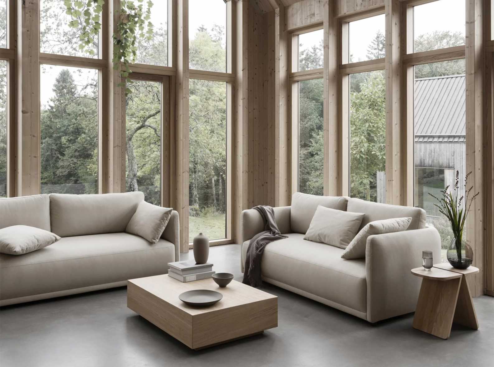 Blomus Goba Couchtisch aus Holz im modernen Wohnzimmer mit Sofas und großen Fenstern.