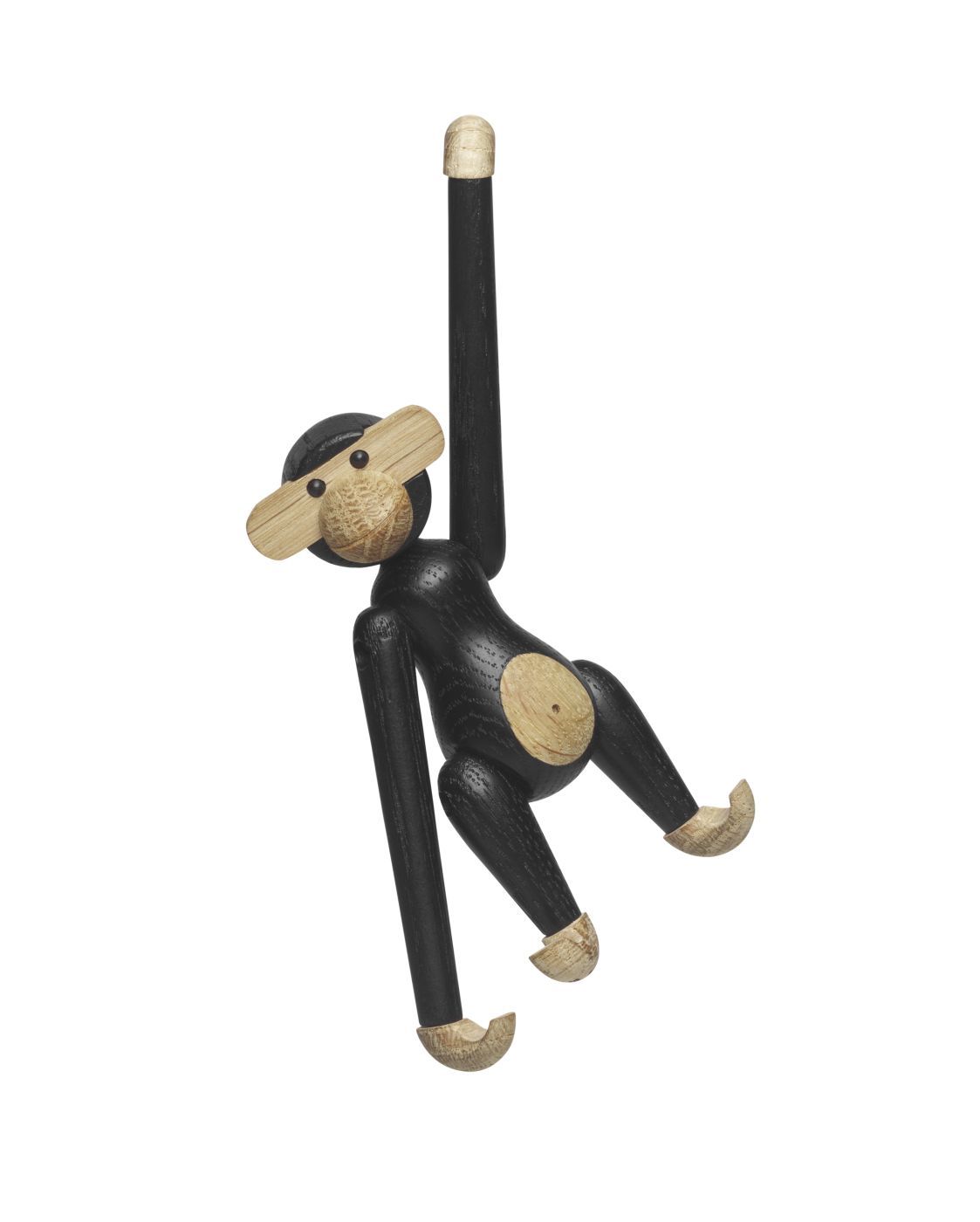 Detailaufnahme: Kay Bojesen Affe Mini Holzfigur in dunkler Eiche, hängend, dekoratives Holzspielzeug.