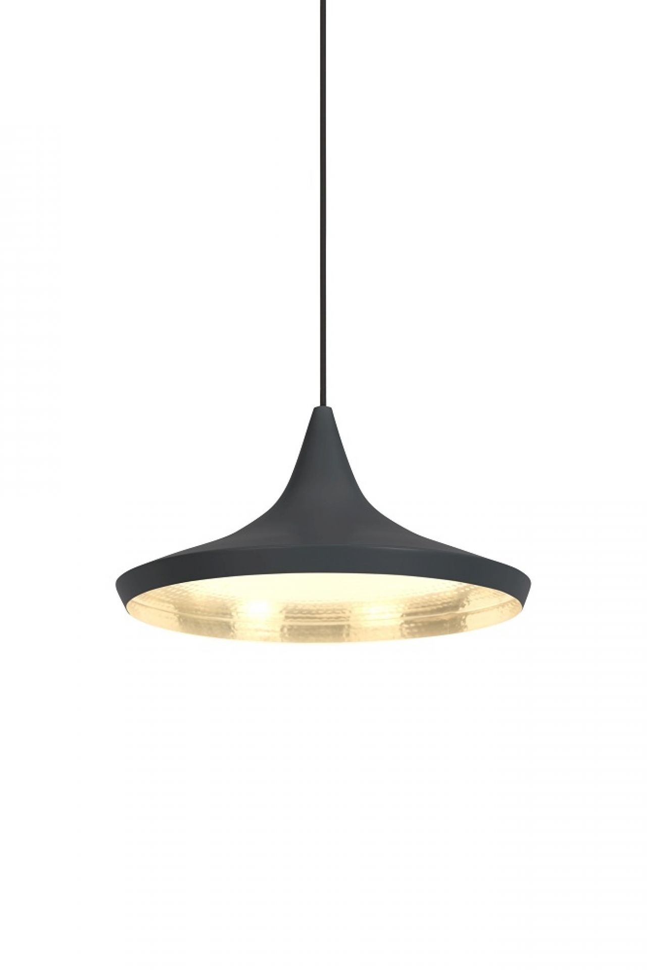 Schwarze Beat Wide LED Pendelleuchte von Tom Dixon mit goldener Innenseite, moderne Hängelampe für Wohnräume.