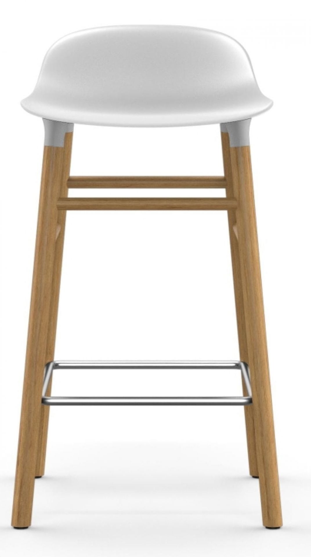 Form Barstool Barhocker von Normann Copenhagen, weiße Sitzfläche und helles Holzgestell, Fußstütze aus Metall.