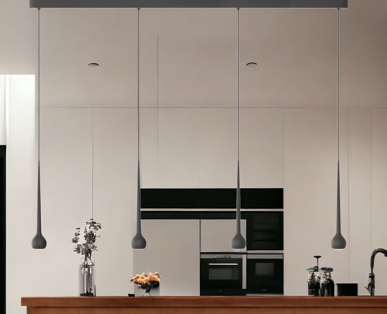 Graue Pendelleuchte im modernen Küchendesign. Die Falling Sun Lampe sorgt für stilvolle Beleuchtung.