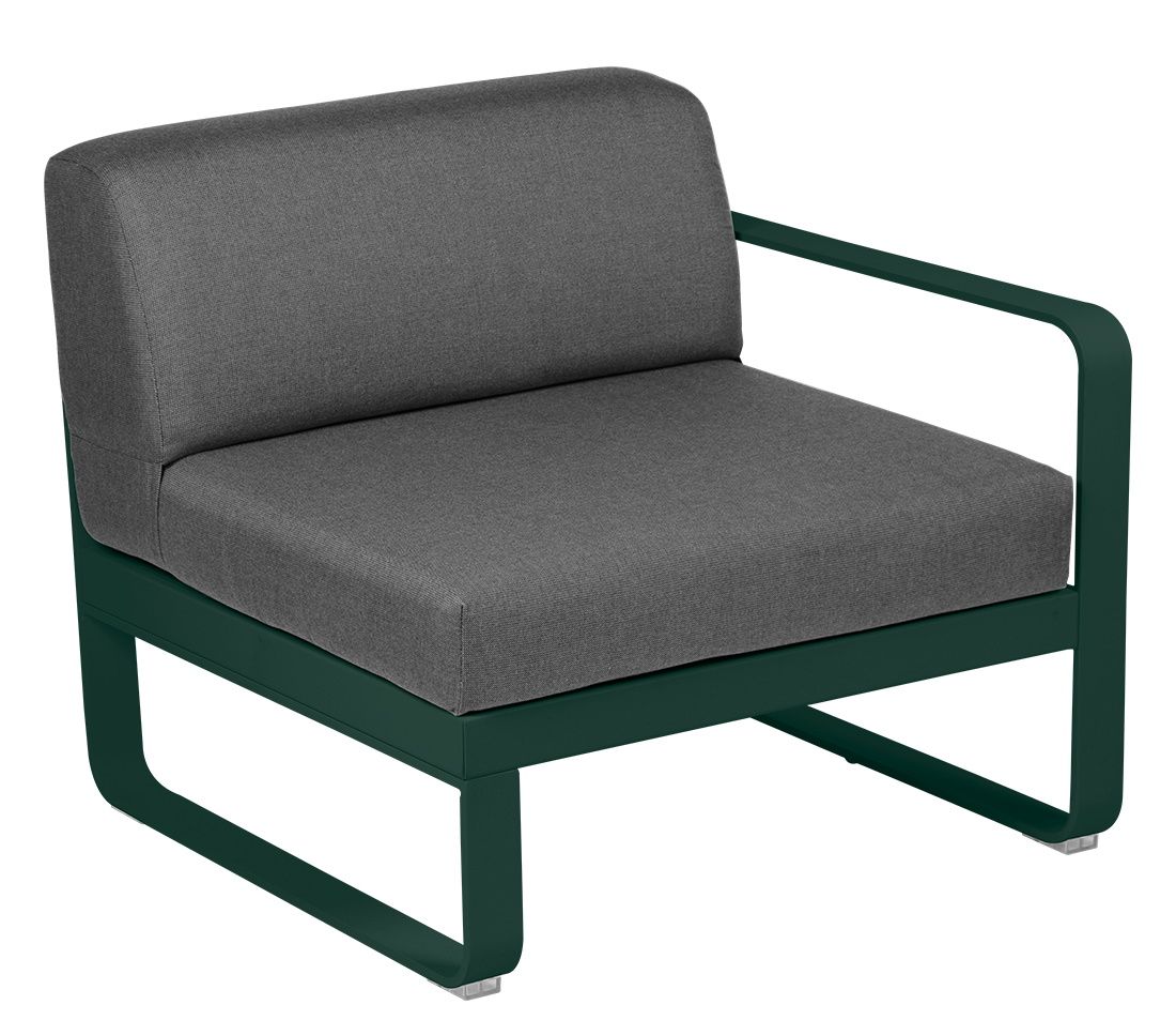 Bellevie Fermob Outdoor Sofa Modul, 1-Sitzer rechts, dunkelgrünes Gestell, graue Polsterung. Gartenmöbel für Terrasse.
