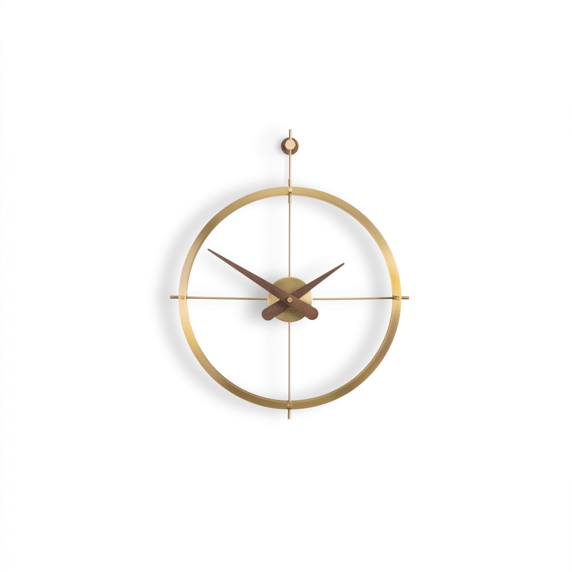 Nomon Uhr, Modell 2 Puntos, goldfarbener Metallrahmen mit Holzzeigern, modernes Design.
