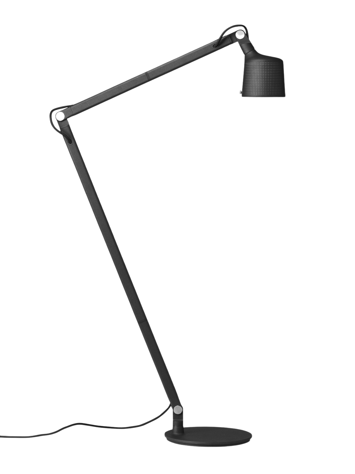 Schwarze Vipp Bodenleuchte mit verstellbarem Arm und Lampenschirm für optimales Leselicht.