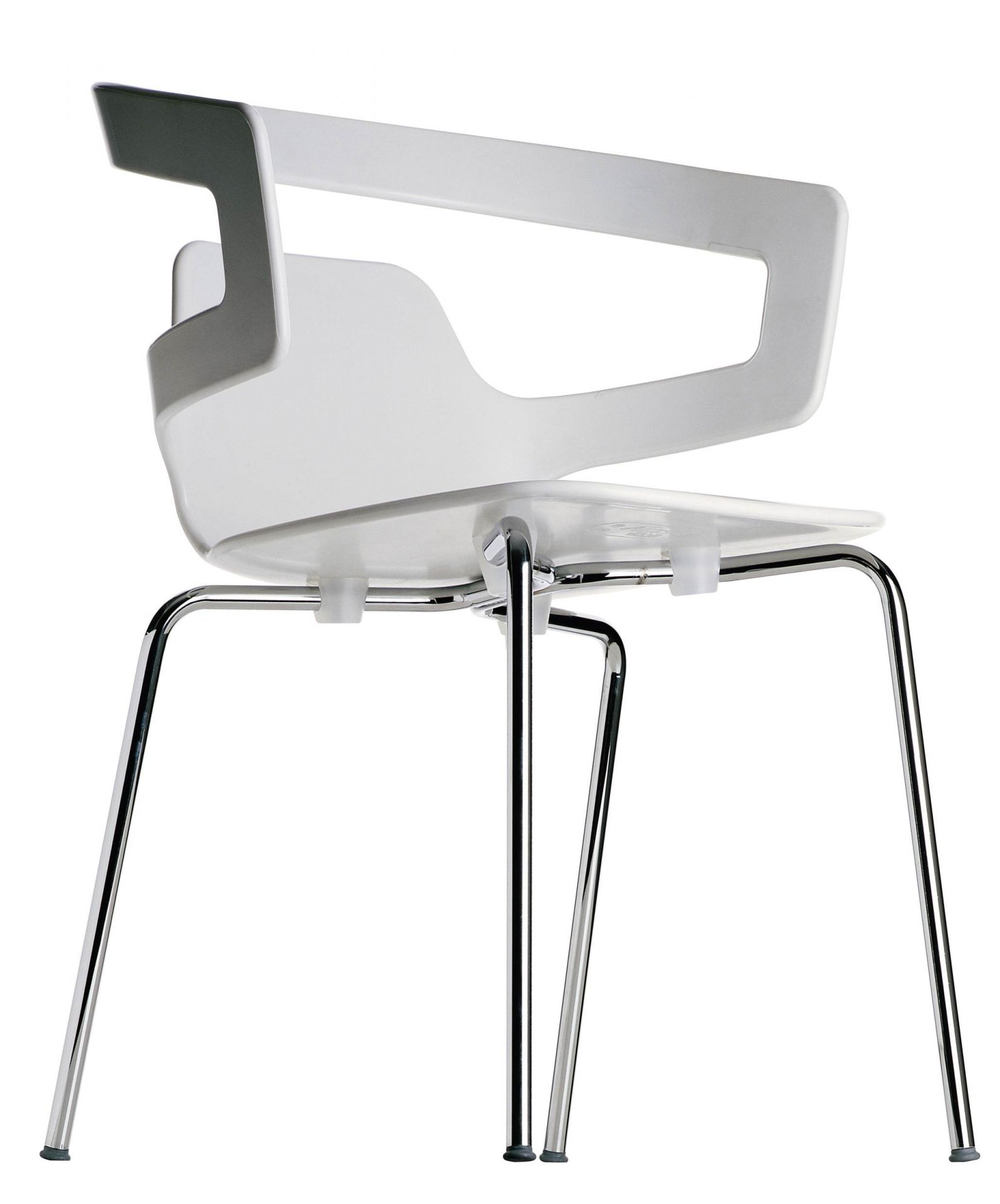 Moderner Segesta Stuhl mit weißer Sitzschale und verchromtem Stahlgestell, Ansicht von hinten.
