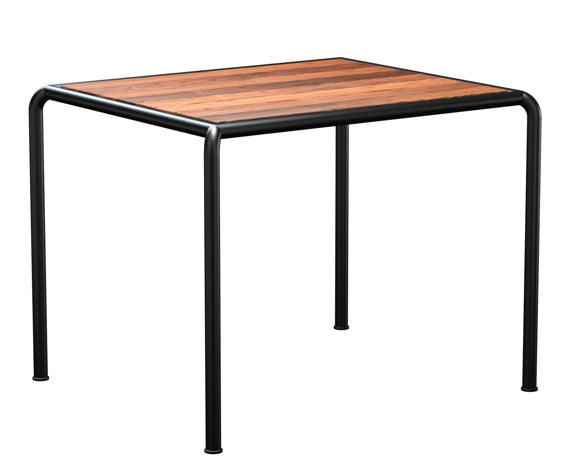 Quadratischer Houe Esstisch Avanti mit Holzplatte und schwarzem Metallgestell für den Outdoor-Bereich.