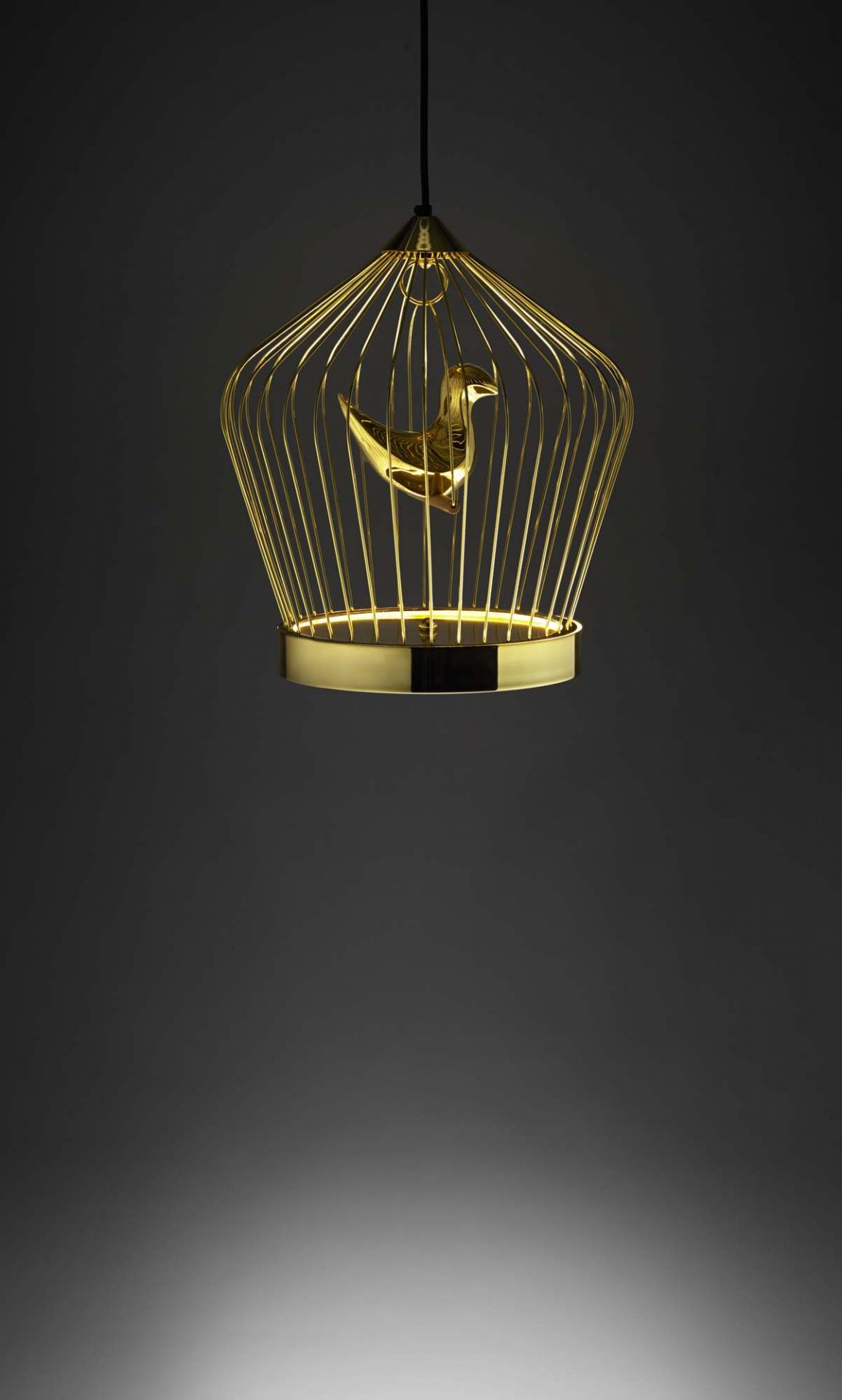 Goldene Twee T. Hängeleuchte von Casamania Horm mit Vogel im Käfig für stimmungsvolle Beleuchtung.